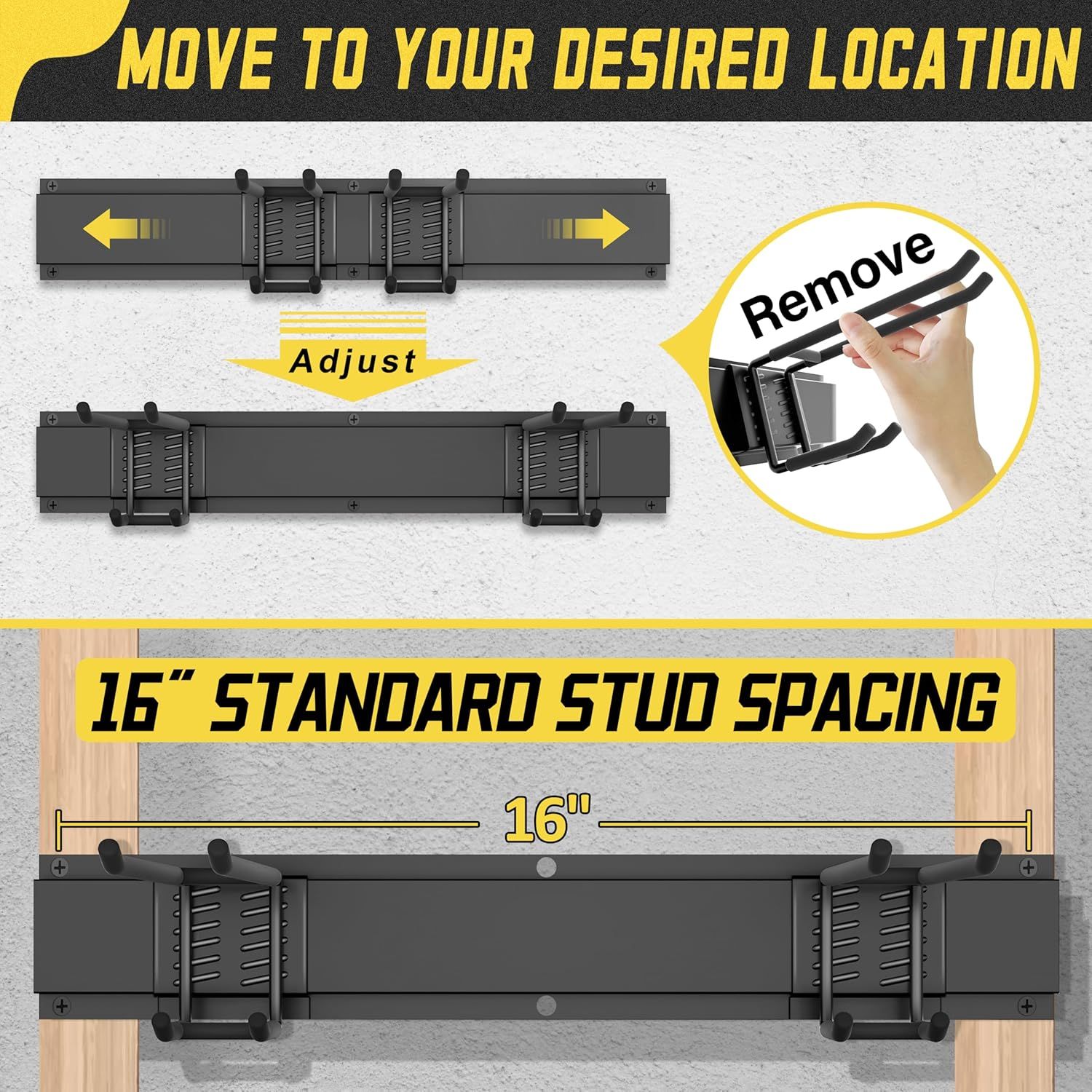 Demonstrates how to adjust and install the mounting bracket to fit desired locations and standard 16-inch stud spacing, reassuring shoppers about ease of setup and flexibility. Highlights the…