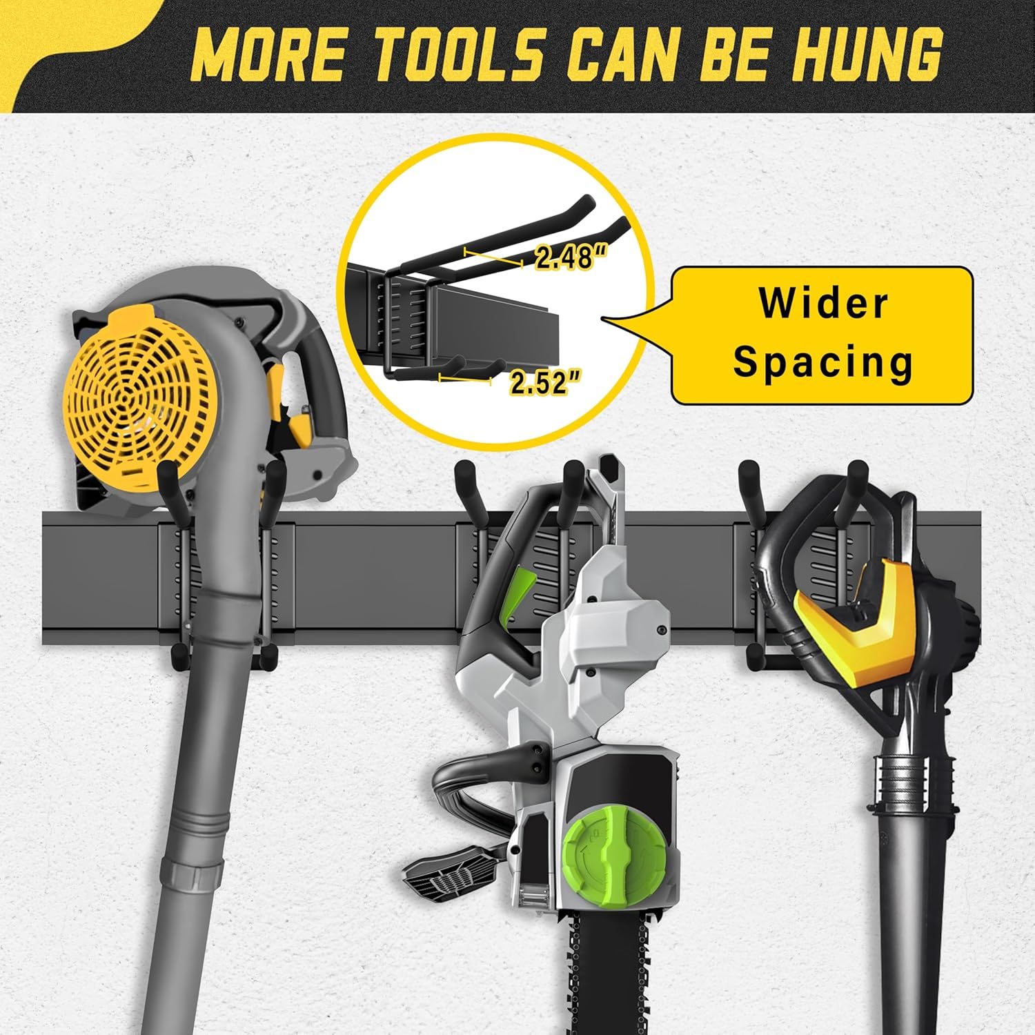 Communicates that the tool hanger has wider spacing (2.48" x 2.52") to accommodate more tools, reassuring shoppers about its capacity and versatility. Highlights the key benefit that more tools can…
