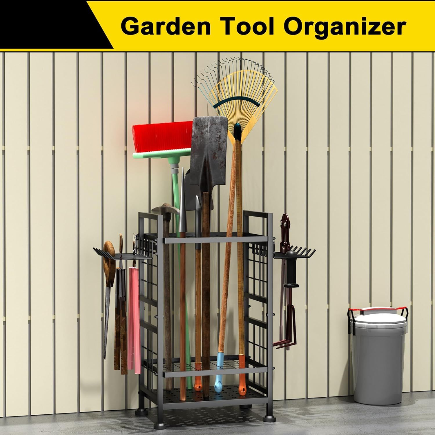 Shows all the garden tools and accessories included with the organizer, demonstrating the comprehensive storage solution and variety of tools the customer receives.