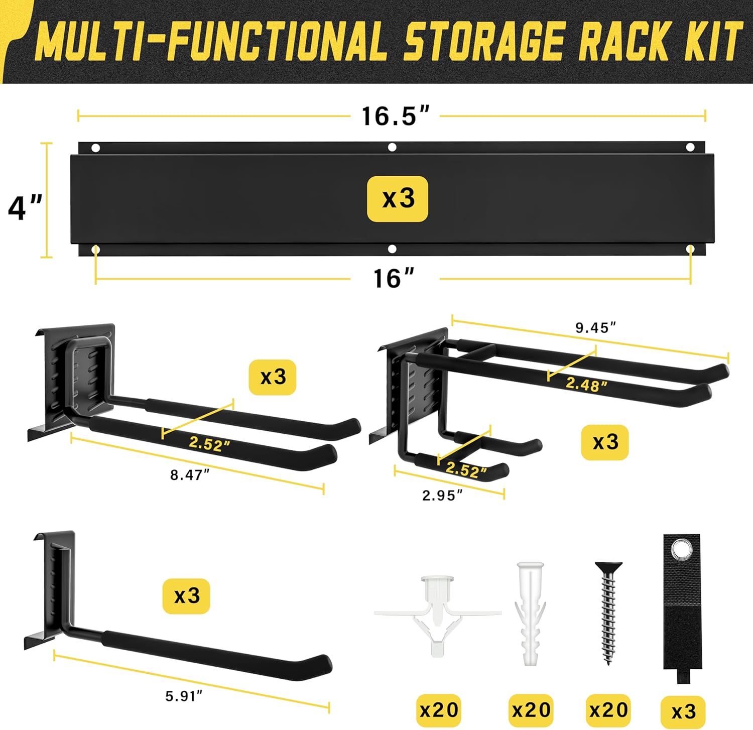 Shows all components included in the storage rack kit with precise dimensions, helping shoppers understand exactly what they will receive and how the pieces fit together.