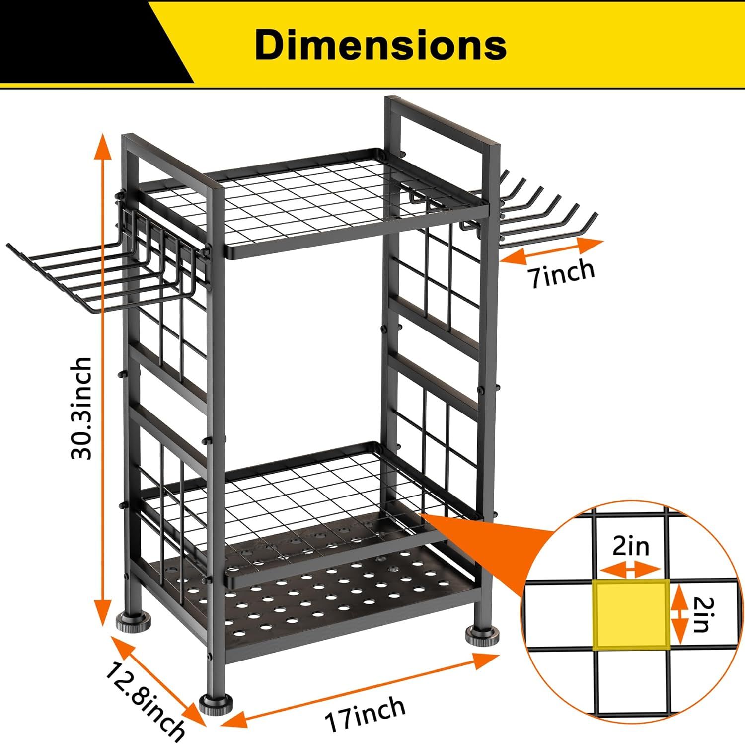 Communicates the exact physical dimensions of the storage rack (30.3 inches height, 17 inches depth, 12.8 inches width, 7 inches side hooks) to help shoppers understand if it will fit their space.