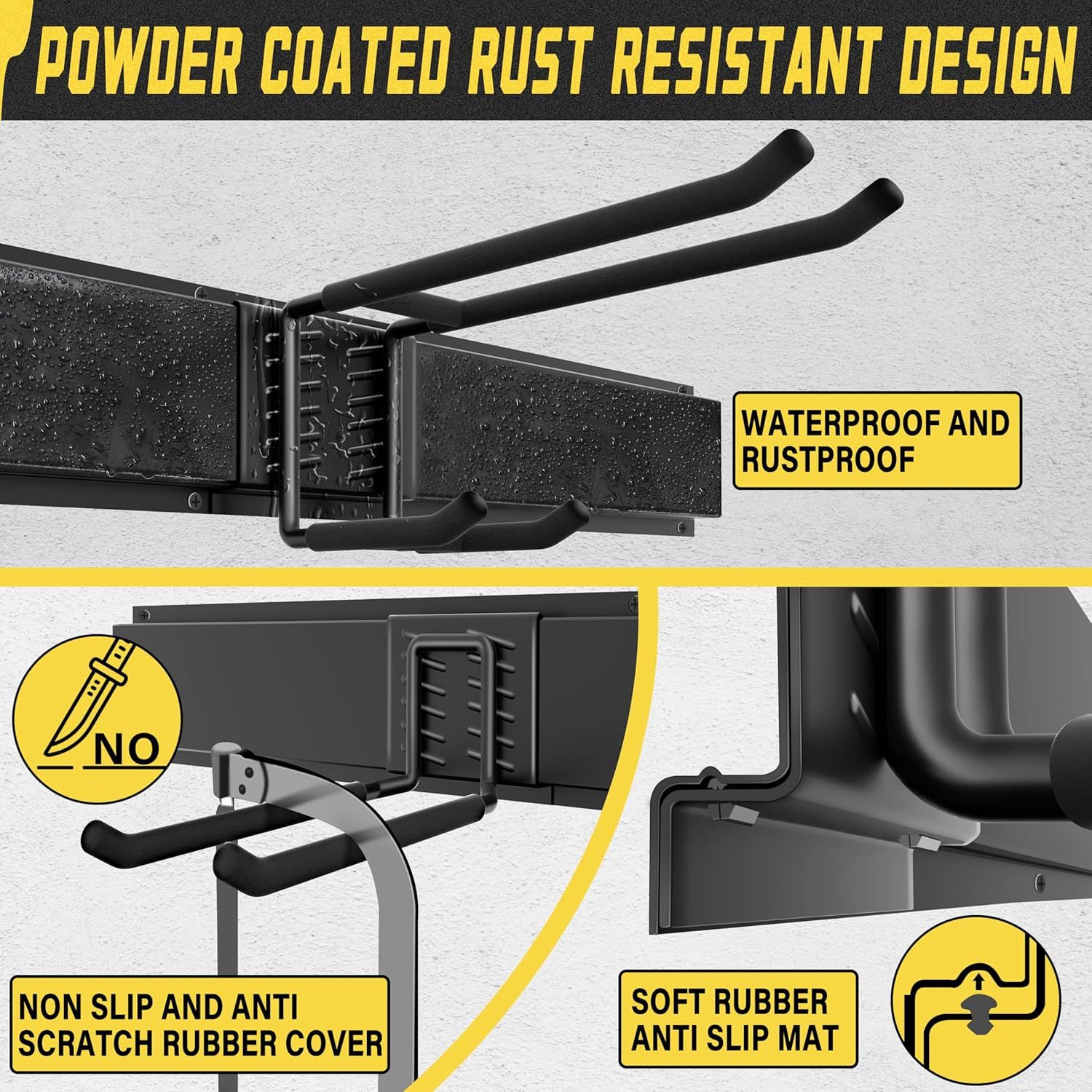 Communicates multiple durability and protective features of the product through a segmented layout, reassuring shoppers about the product's quality construction and protective design elements.