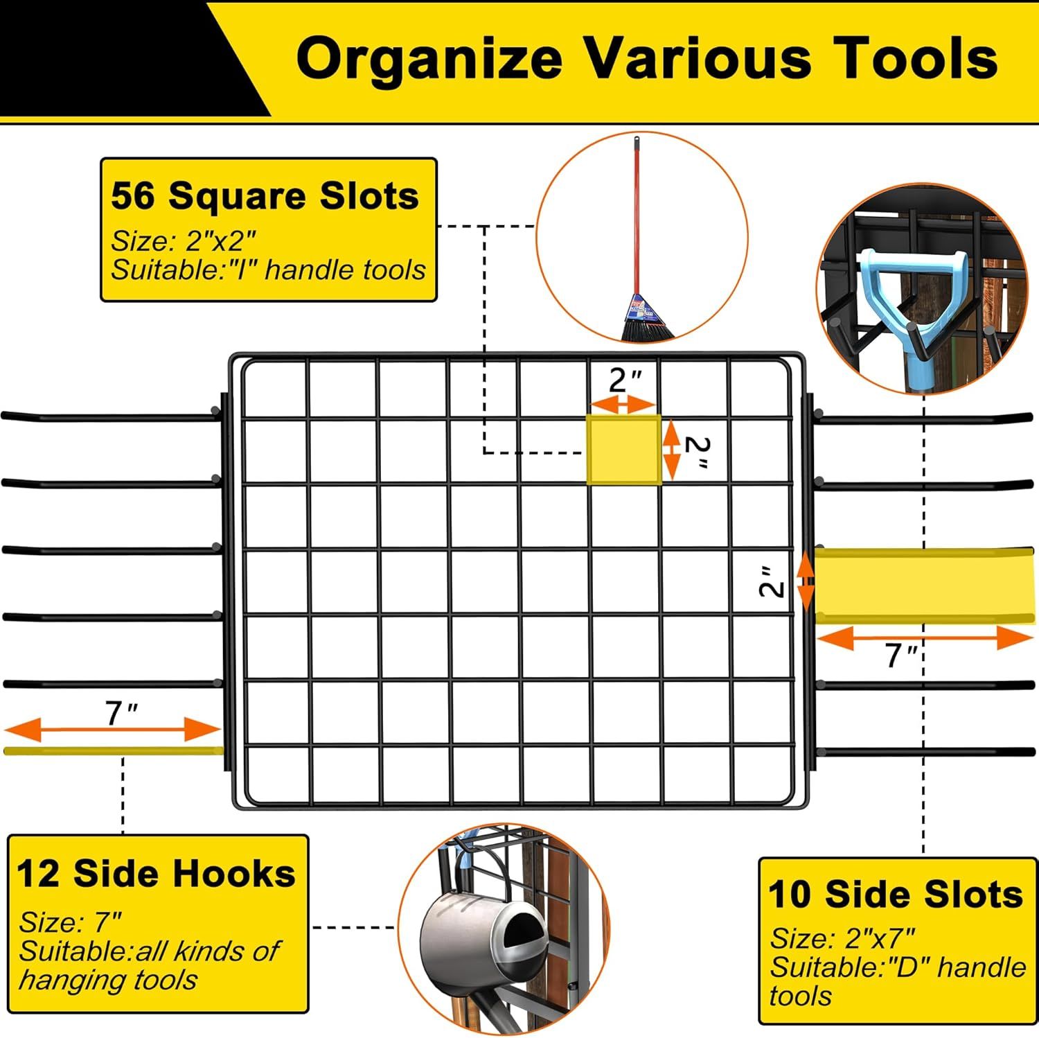 This image breaks down the tool organizer's physical components and storage features, showing shoppers exactly how the product is structured and what types of tools can be stored in each section.…