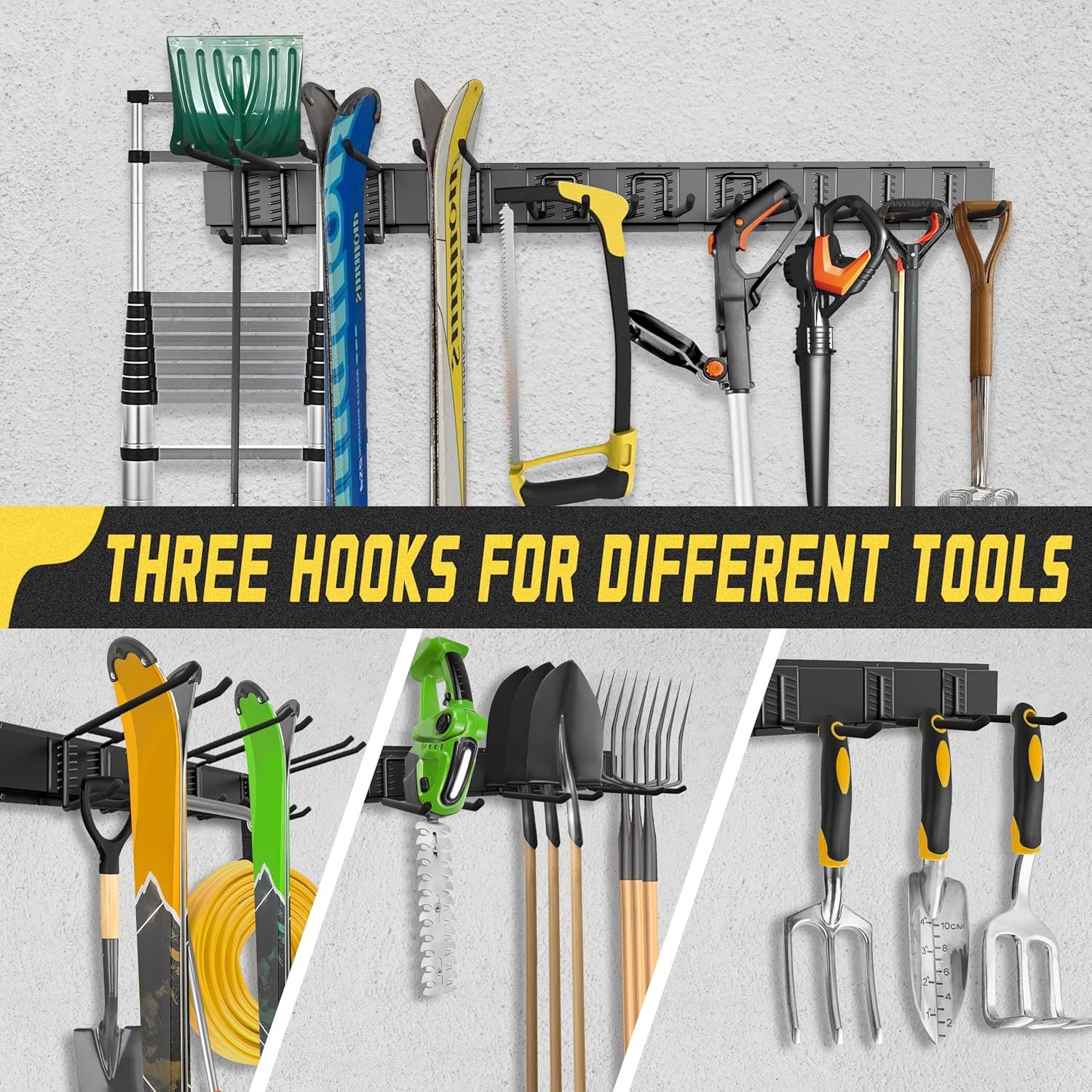 Demonstrates the product's physical design feature of having three different hook types to accommodate various tool shapes and sizes, reassuring shoppers of its versatile storage capability.