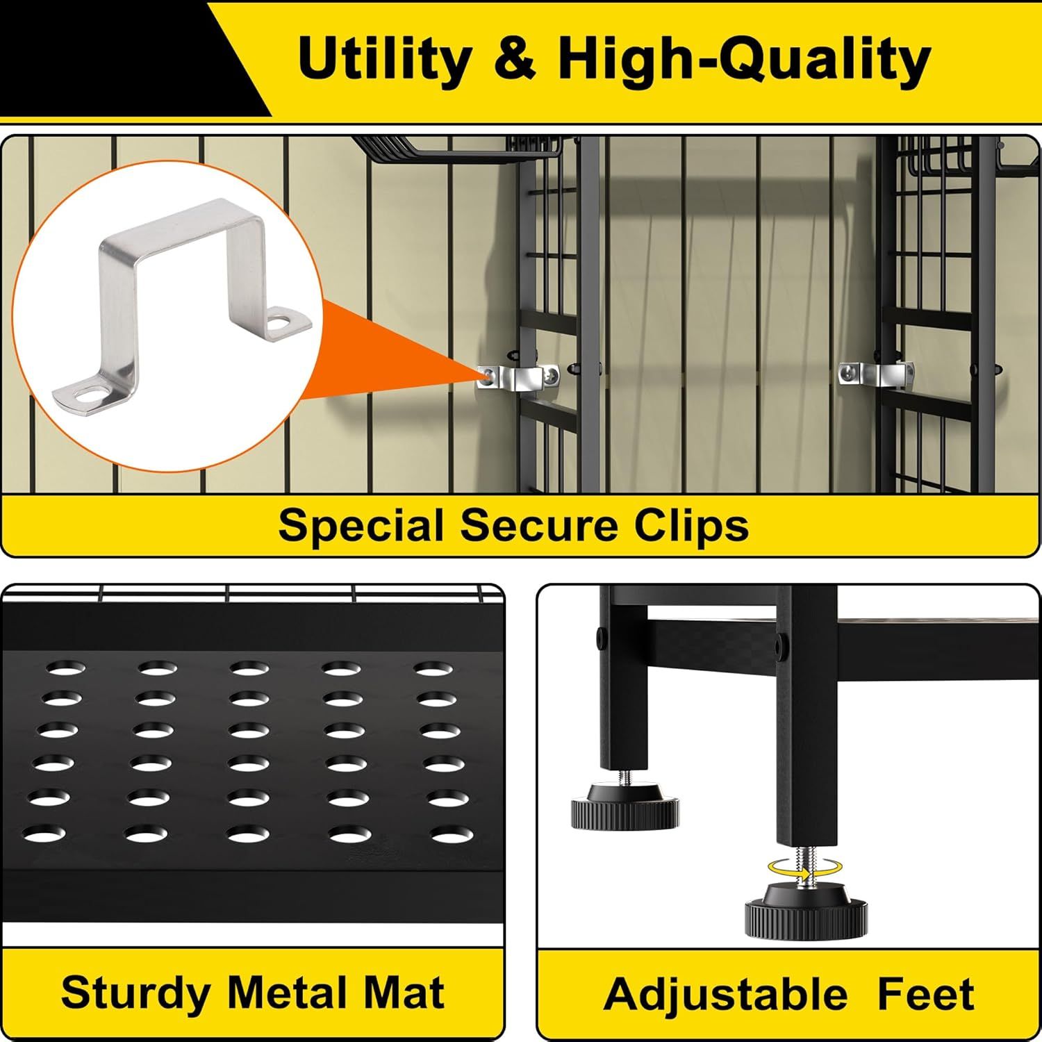 Communicates the product's utility and high-quality construction by highlighting three distinct features: secure attachment clips, durable metal mat base, and adjustable leveling feet to reassure…