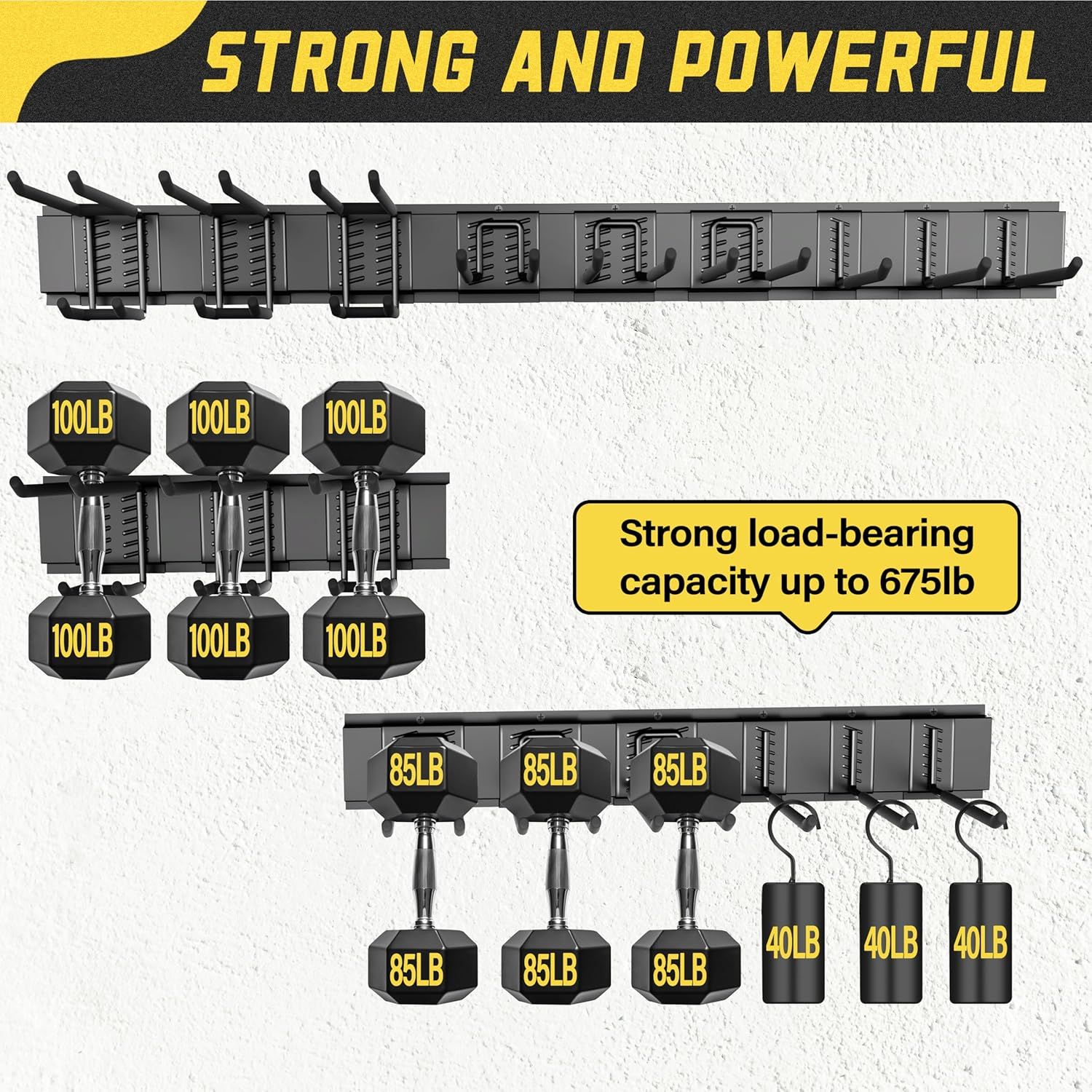 Communicates the product's impressive weight capacity of 675lb to reassure shoppers that this storage rack is strong enough to hold heavy equipment like dumbbells and weights. Highlights the…