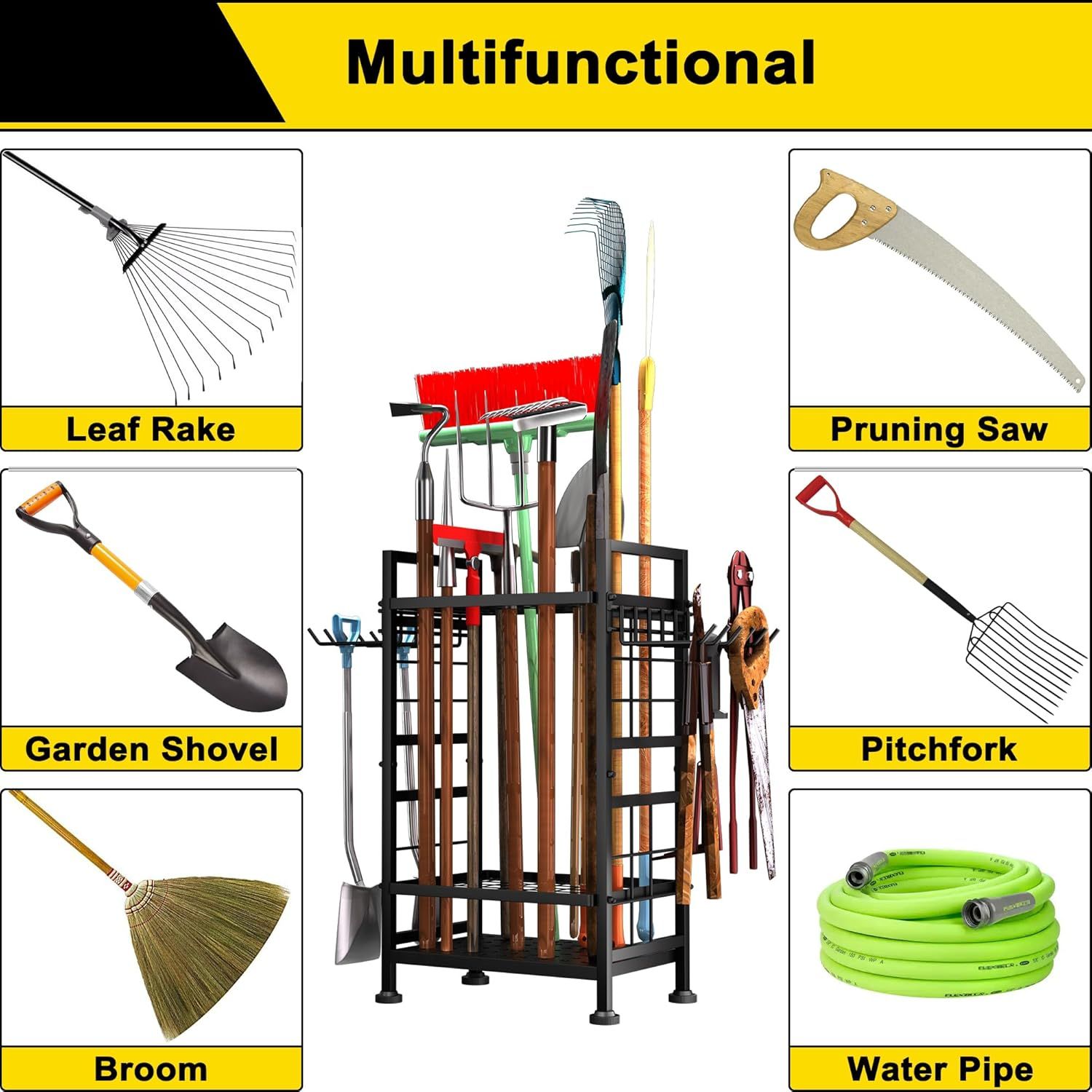 Demonstrates the multiple tools and applications this storage rack can accommodate, showing shoppers the versatility and organizational capability for various garden and yard tools.