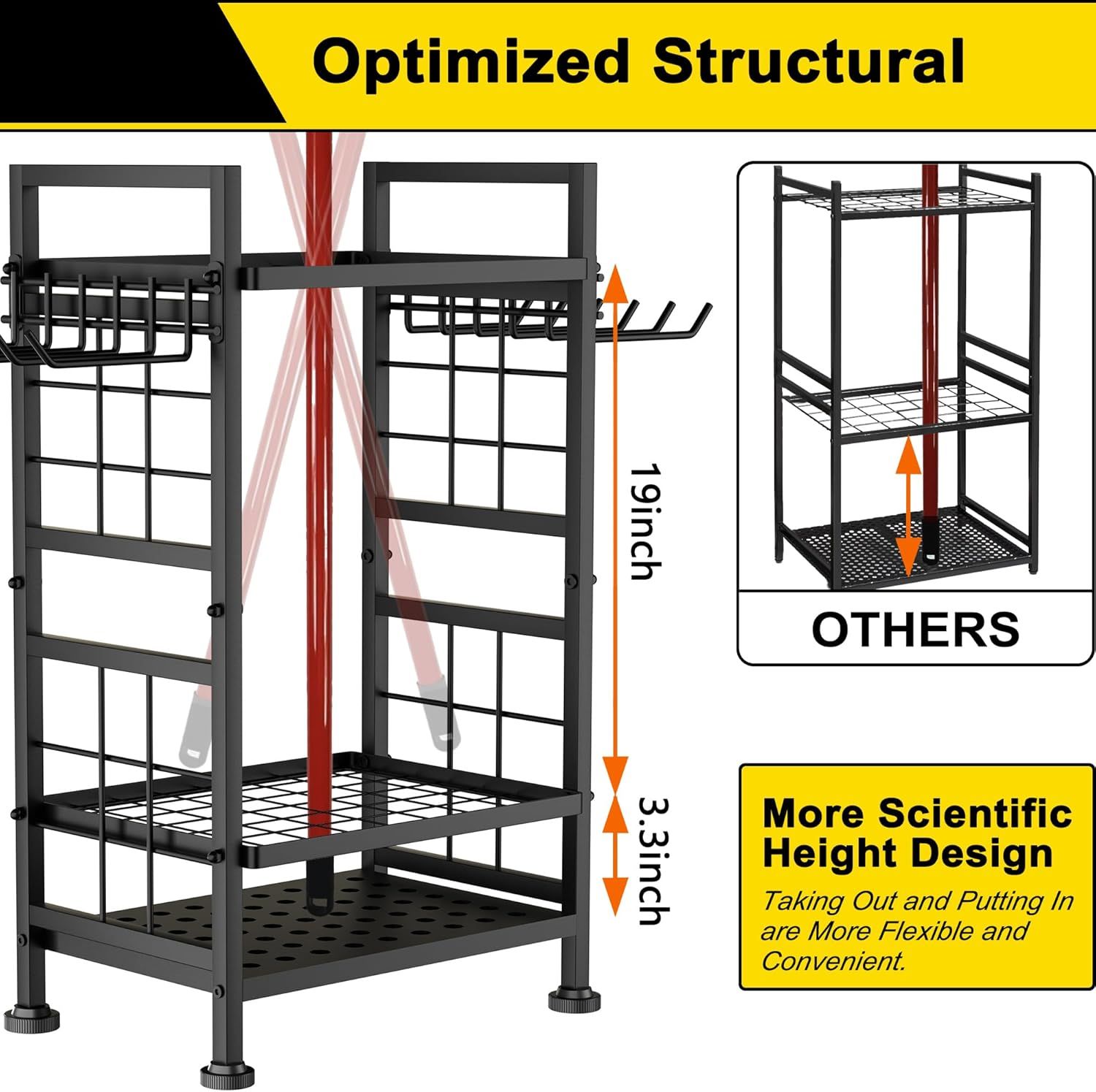 Demonstrates the product's superior structural design and more flexible shelf height compared to competing products, emphasizing convenience and better engineering. Highlights multiple distinct…