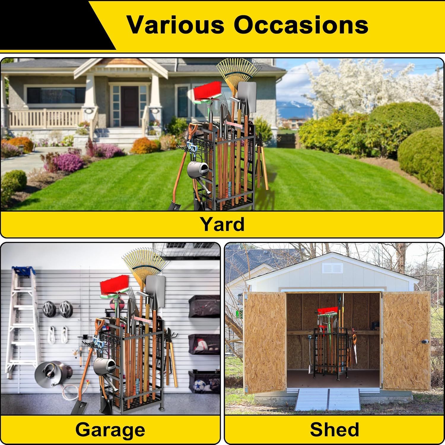 Demonstrates the product's versatility by showing it can organize tools in multiple different environments—yard, garage, and shed—reassuring shoppers it fits various storage needs.