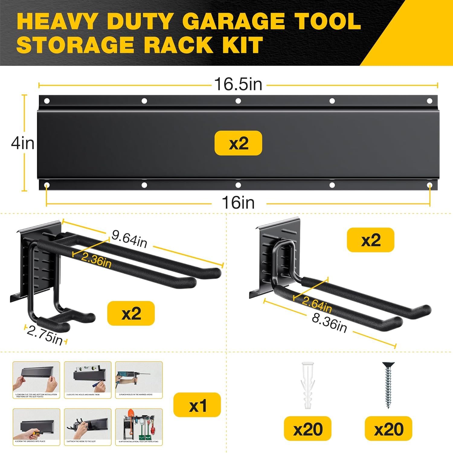 Shows all components included in the garage tool storage rack kit, including the mounting rails, hooks of different sizes, screws, and anchors, helping shoppers understand exactly what they will…