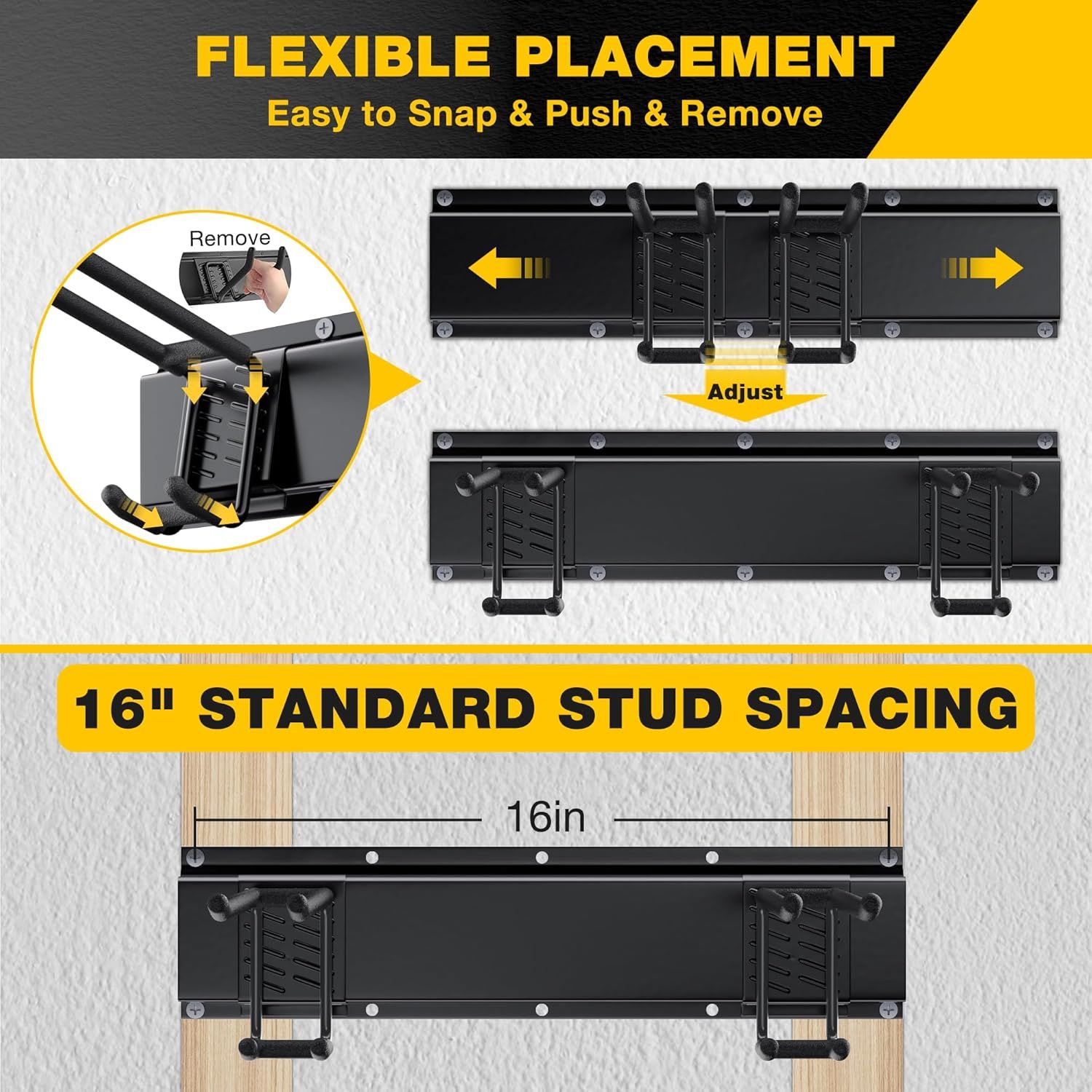 Demonstrates how to install and adjust the mounting bracket system, showing the snap-and-push removal mechanism and flexible positioning options to reassure shoppers about ease of setup. Shows that…
