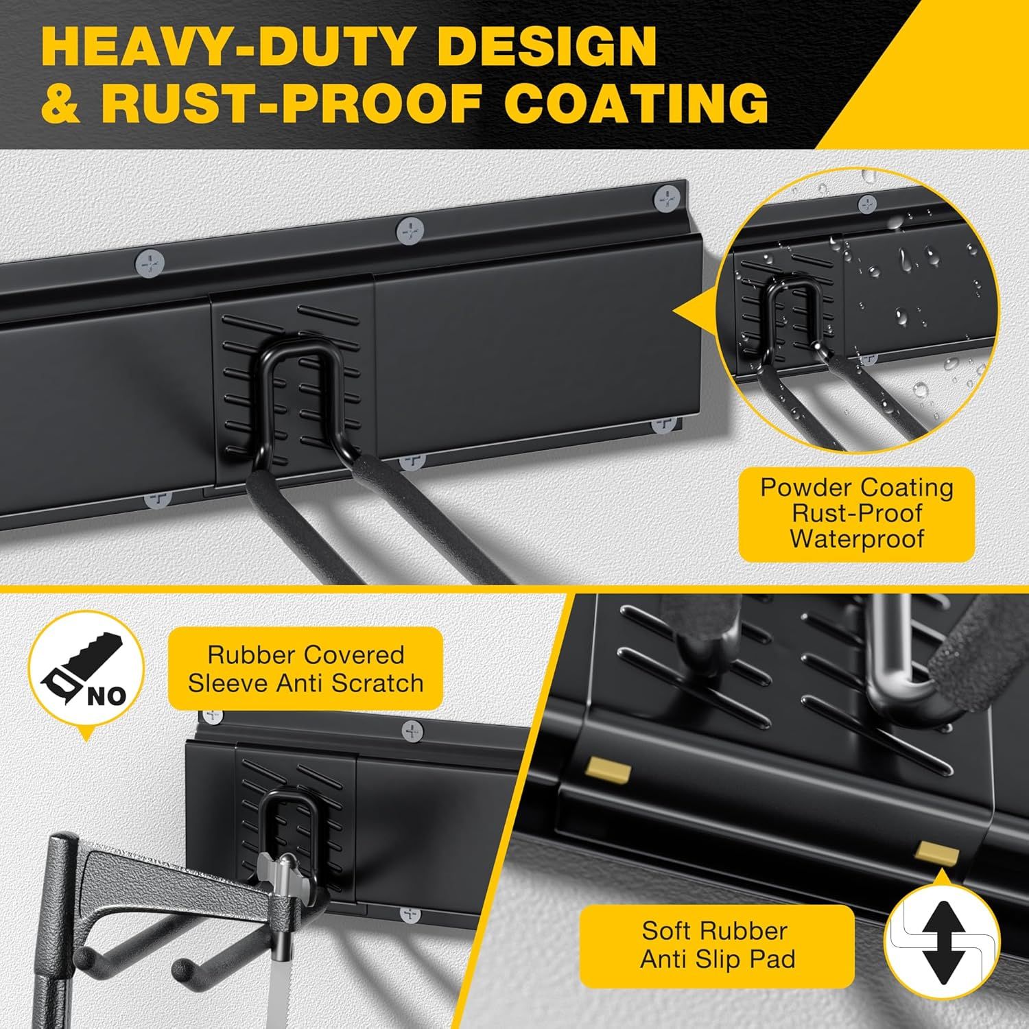 This image breaks down the physical components and protective features of the product, highlighting the heavy-duty construction, rust-proof powder coating, rubber-covered sleeve for scratch…