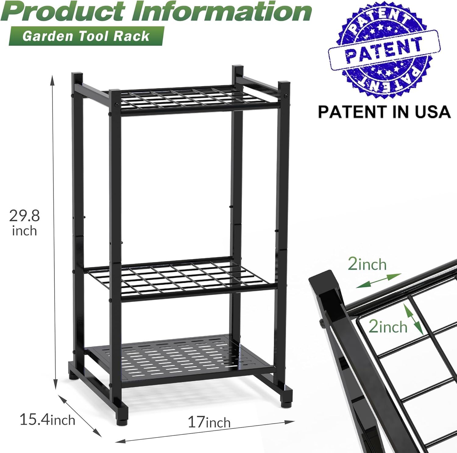 Communicates the exact physical dimensions of the garden tool rack to help shoppers understand if it will fit their space and storage needs. Highlights that the product design is patented in the USA…