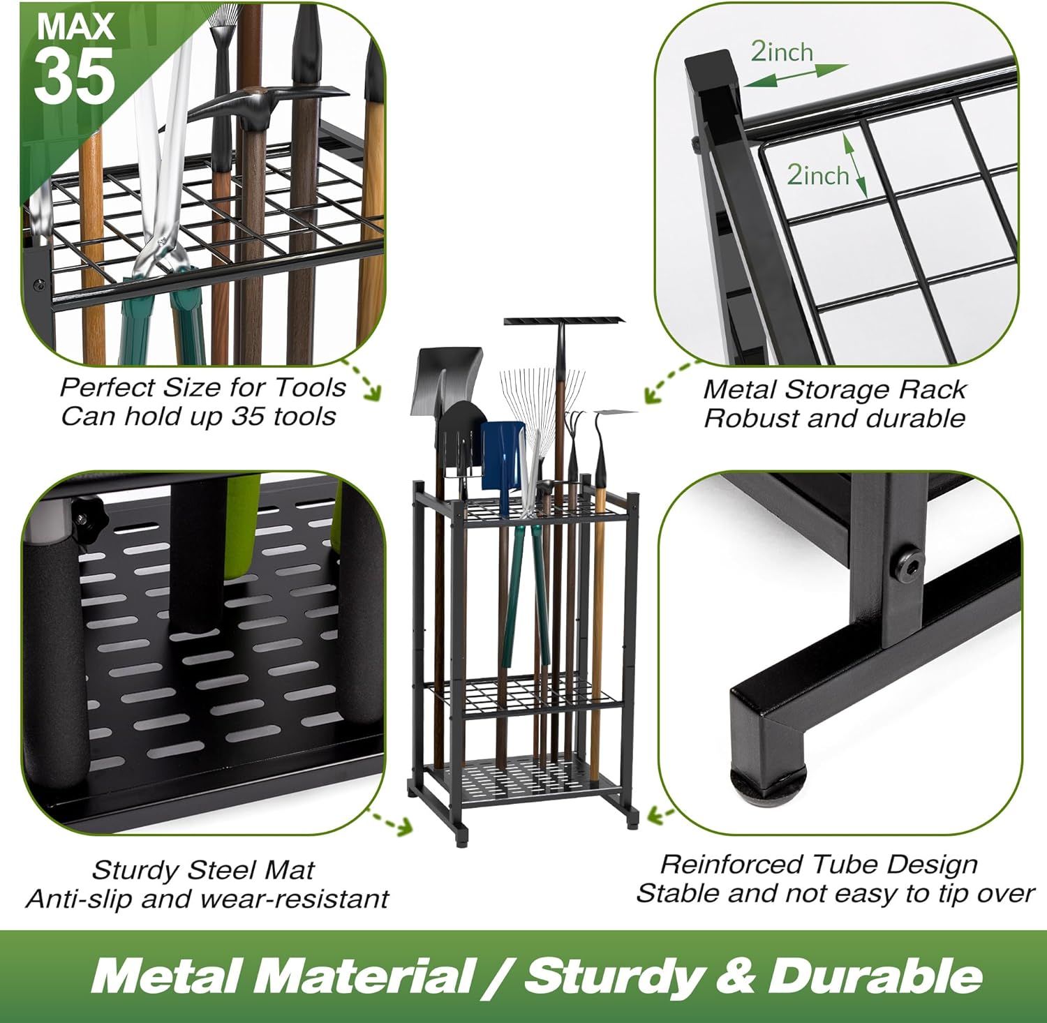 Communicates multiple selling benefits of the tool storage rack through a segmented layout, highlighting capacity, durability, stability, and material quality to reassure shoppers of the product's…