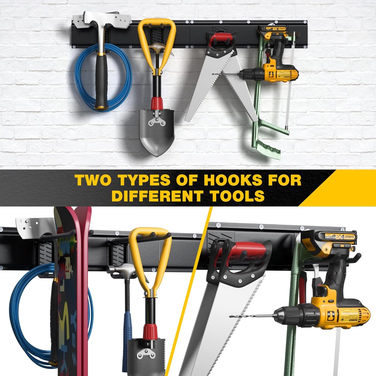 Demonstrates the product's versatility by showing two different hook types that accommodate various tool shapes and sizes, reassuring shoppers that the organizer can handle their diverse tool…