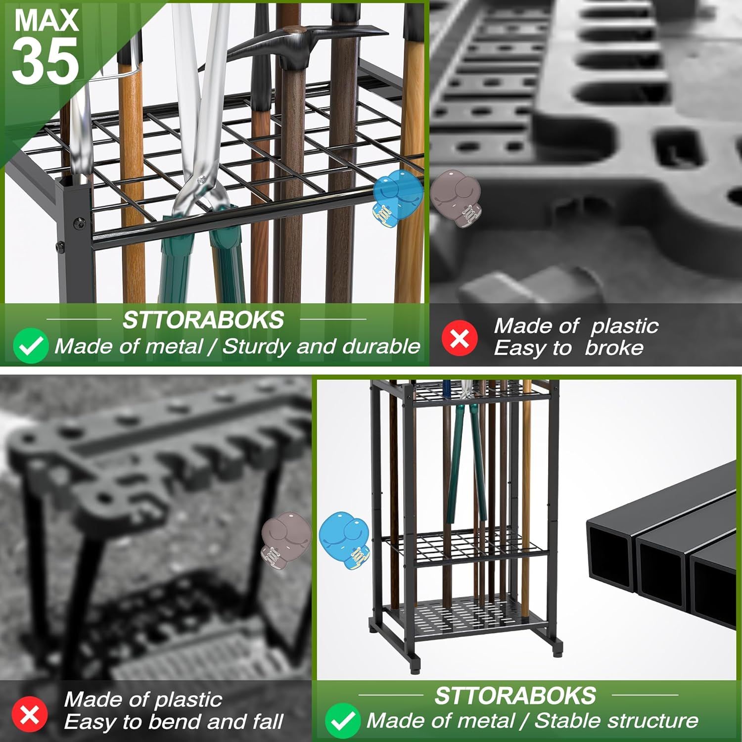 Demonstrates the superiority of the metal umbrella stand over plastic competitors by showing how the metal version is sturdy and durable while plastic alternatives are prone to breaking, bending,…