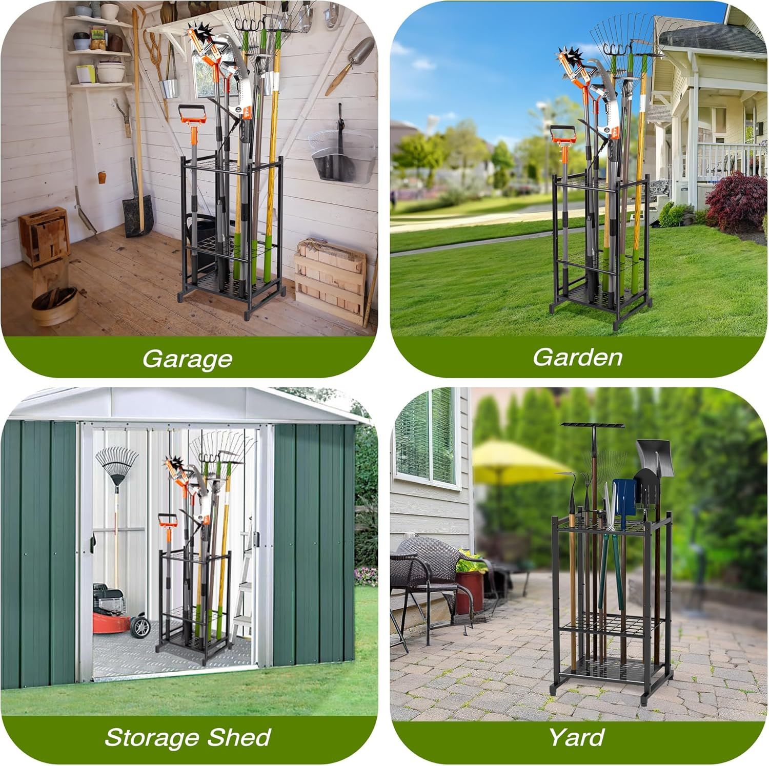 Demonstrates the product's versatility by showing it can be used in multiple environments (garage, garden, storage shed, and yard) to organize various tools and equipment.