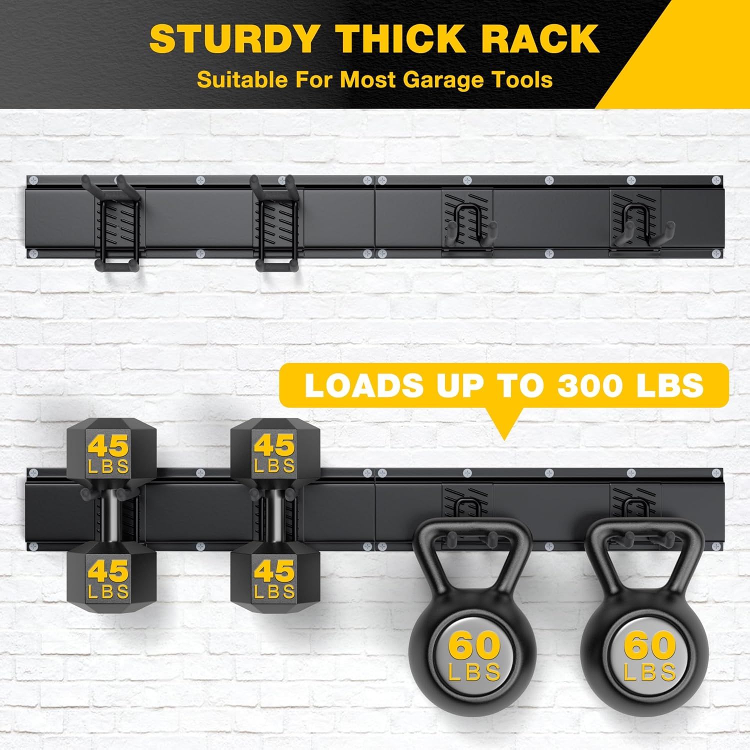 Communicates the rack's impressive weight capacity to reassure shoppers it can handle heavy garage tools and equipment safely. Demonstrates the product's strength and durability through a visual…