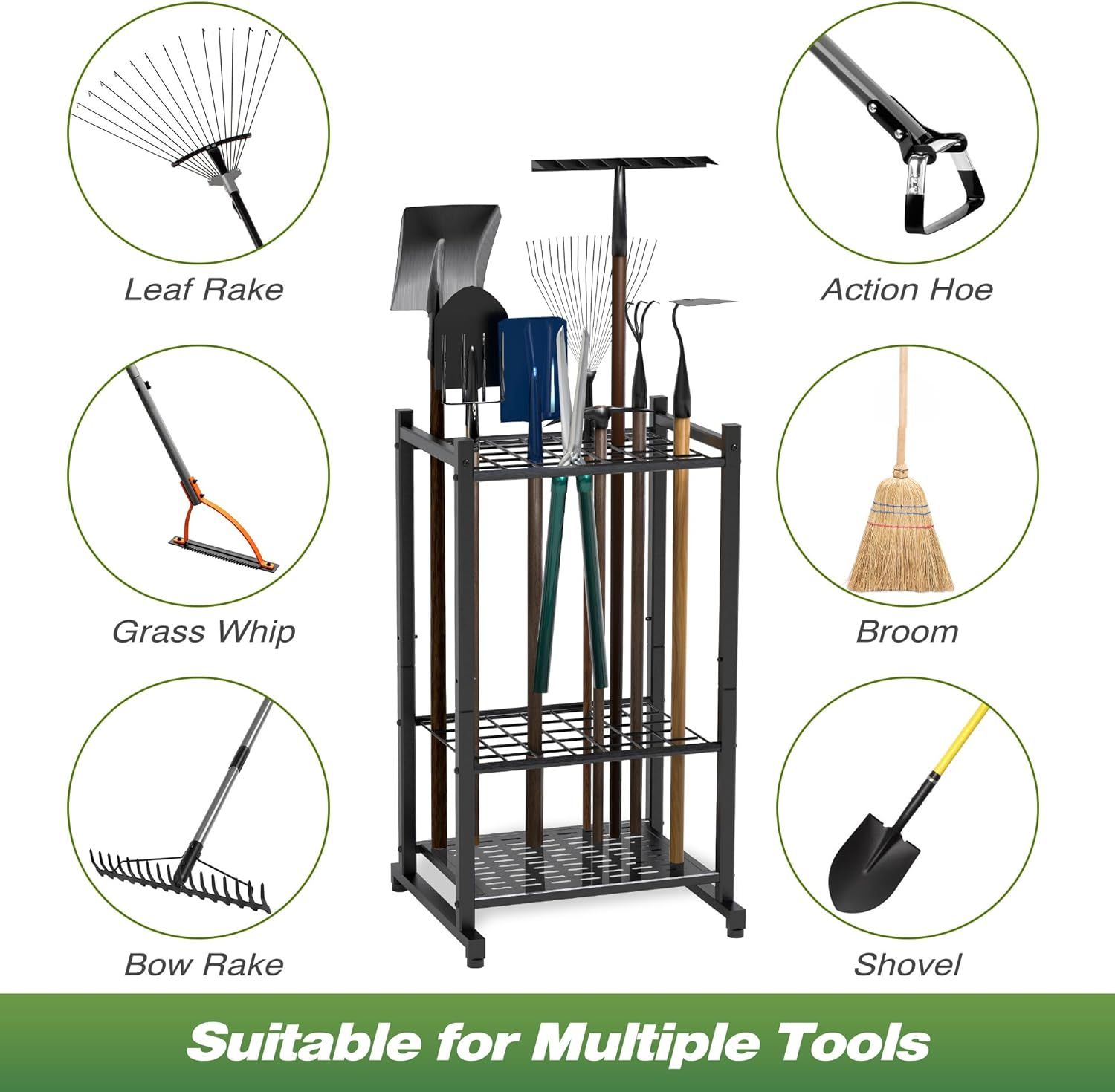 Demonstrates the product's ability to organize and store multiple types of gardening tools, showing shoppers the variety of tools it can accommodate. Shows the range of gardening tools that can be…