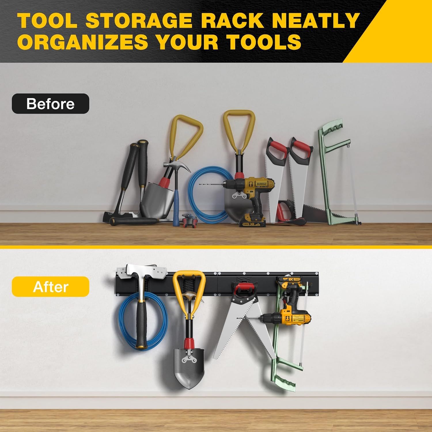 Demonstrates the transformation from cluttered, disorganized tools to a neatly organized wall-mounted storage system, proving the product's effectiveness at solving garage and workshop organization…