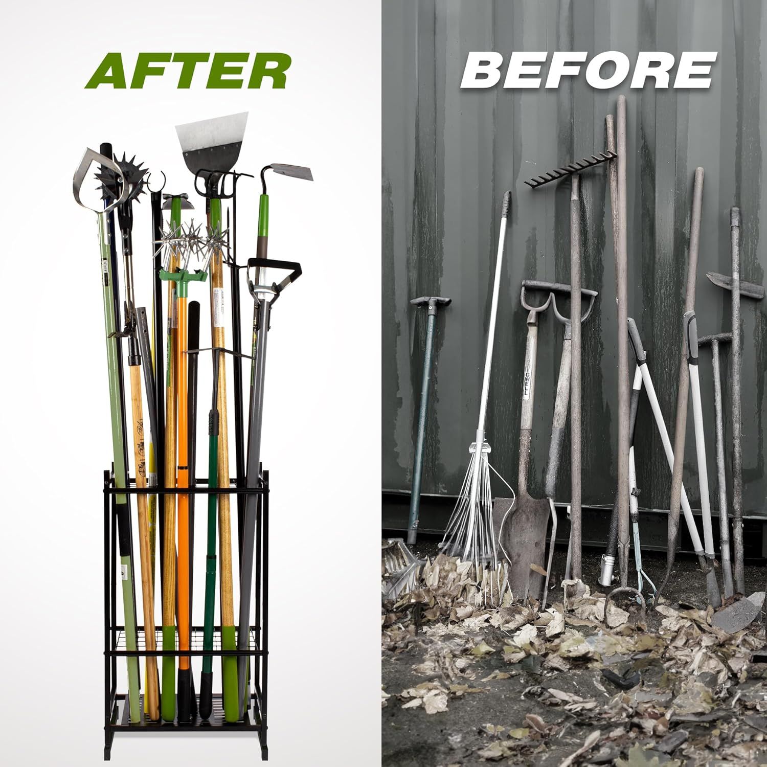 Demonstrates the transformation from cluttered, disorganized garden tools to a neat, organized storage system, proving the product's effectiveness at solving garage and shed organization problems.