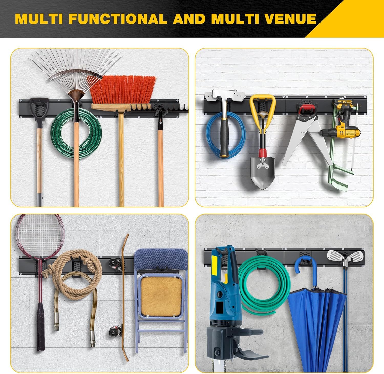 Demonstrates the product's versatility by showing it organizing different types of items across multiple use cases—gardening tools, workshop equipment, sports gear, and household items—to reassure…