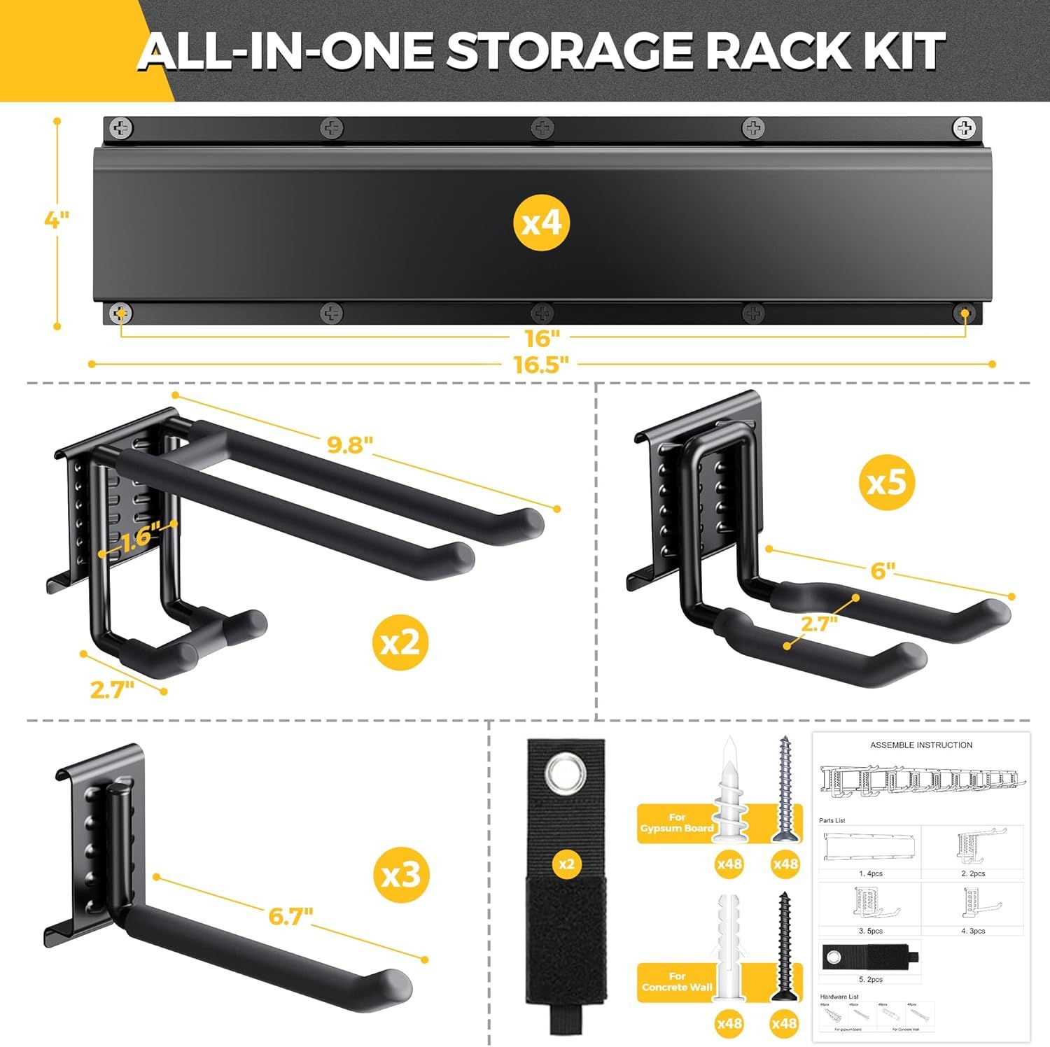 Shows all components included in the storage rack kit with exact dimensions and quantities, helping shoppers understand what they will receive and how the pieces fit together.