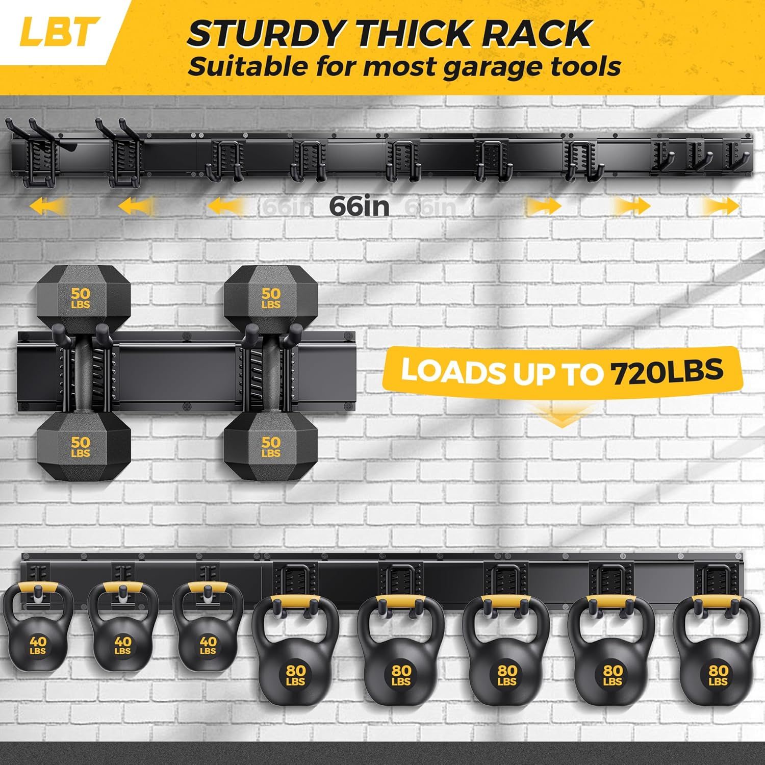 Communicates multiple key selling benefits of the garage tool rack system including its sturdy build quality, generous 66-inch length, impressive 720 lbs weight capacity, and suitability for various…