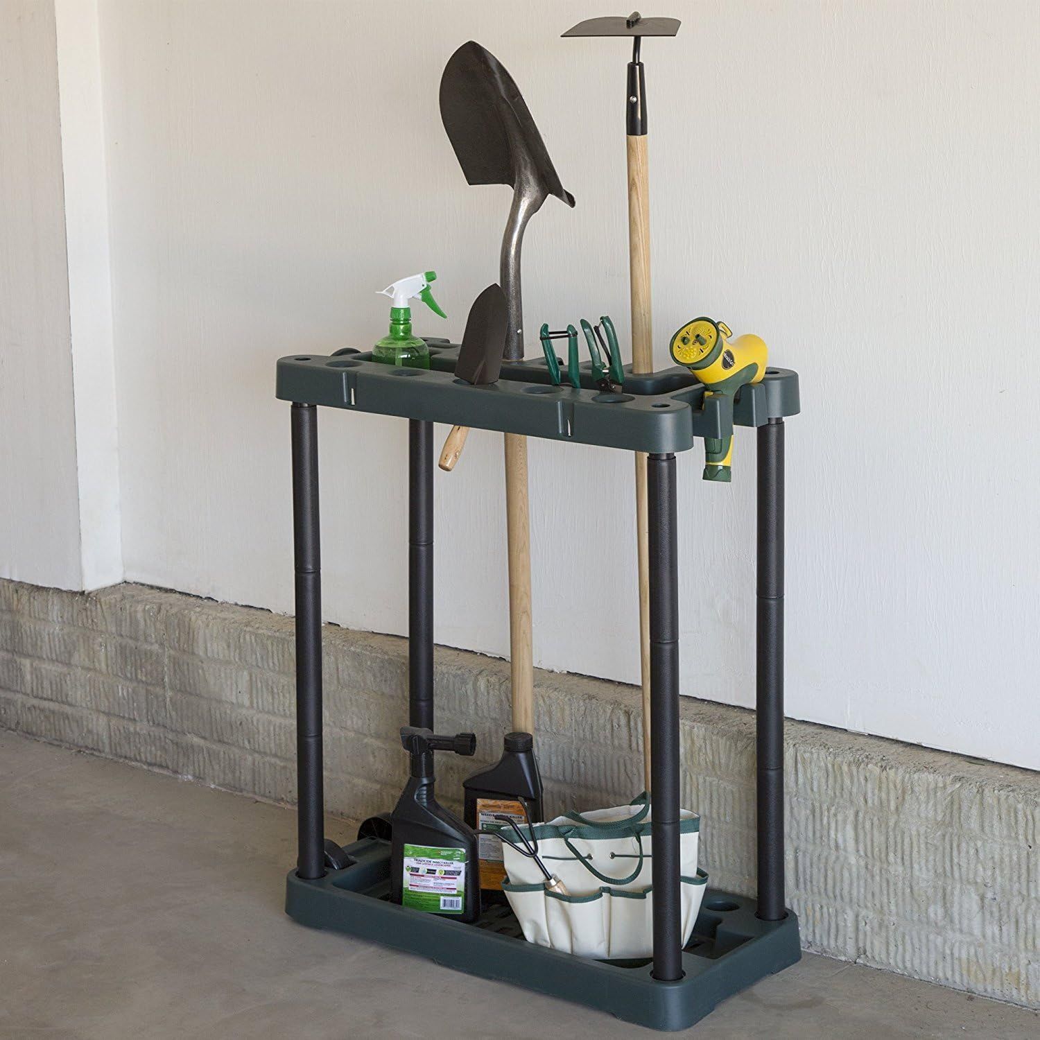 Displays the product in a clean, catalog-style format showing the tool organizer stand with various gardening tools and accessories to demonstrate its storage capacity and organization functionality.