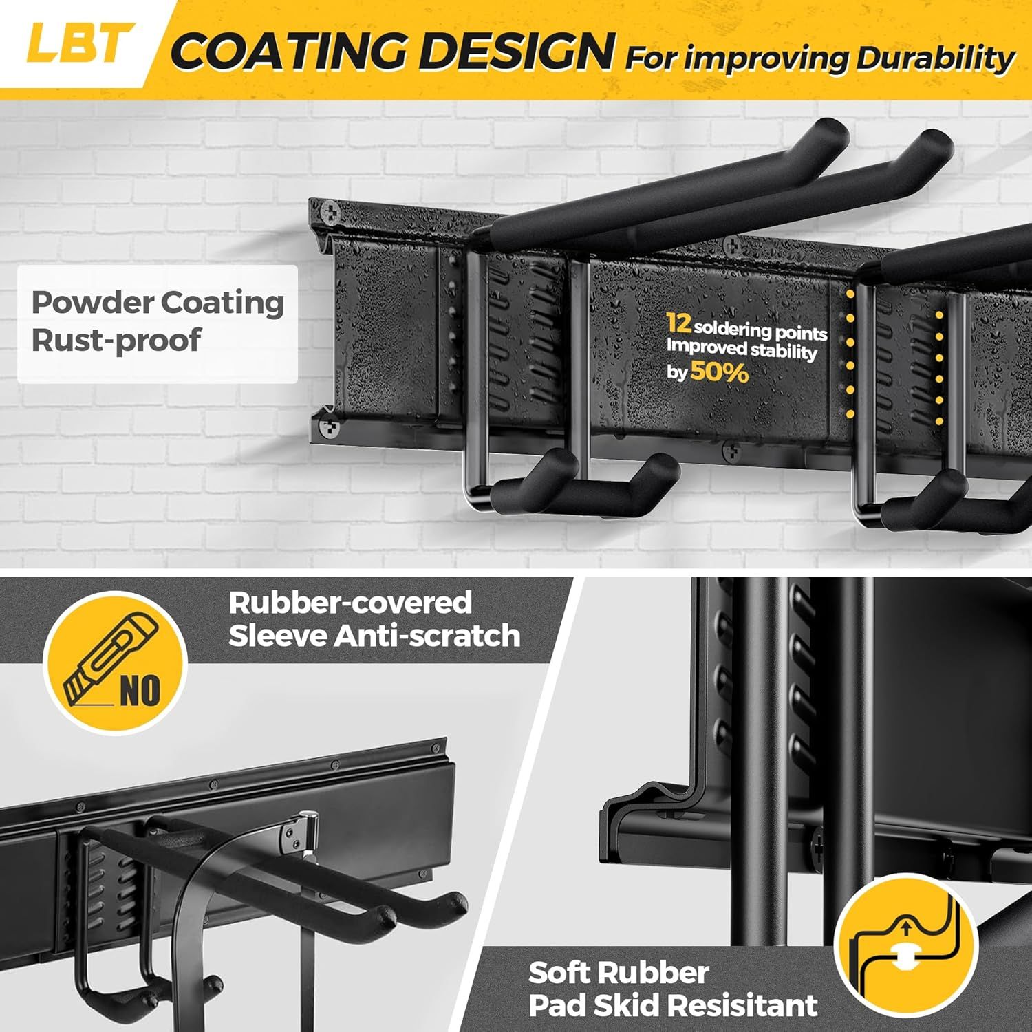 Communicates multiple durability and protective features of the product through a segmented layout, showing rust-proof coating, enhanced stability, anti-scratch protection, and skid resistance to…