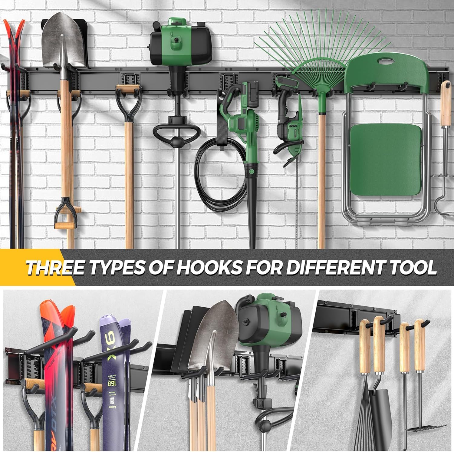 Demonstrates the product's versatility by showcasing three different hook types that accommodate various garden and garage tools, reassuring shoppers that the system can organize their entire tool…