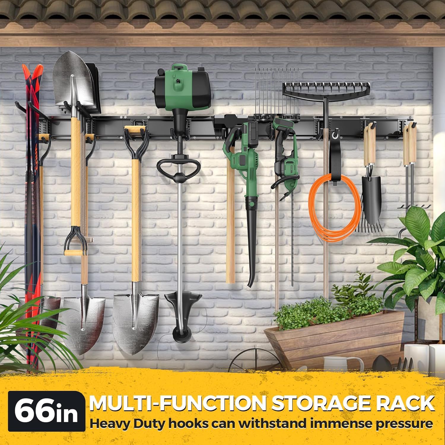 Demonstrates the storage rack's versatility and durability by showing multiple garden tools organized on heavy-duty hooks, reassuring shoppers of its capacity and organizational benefits.