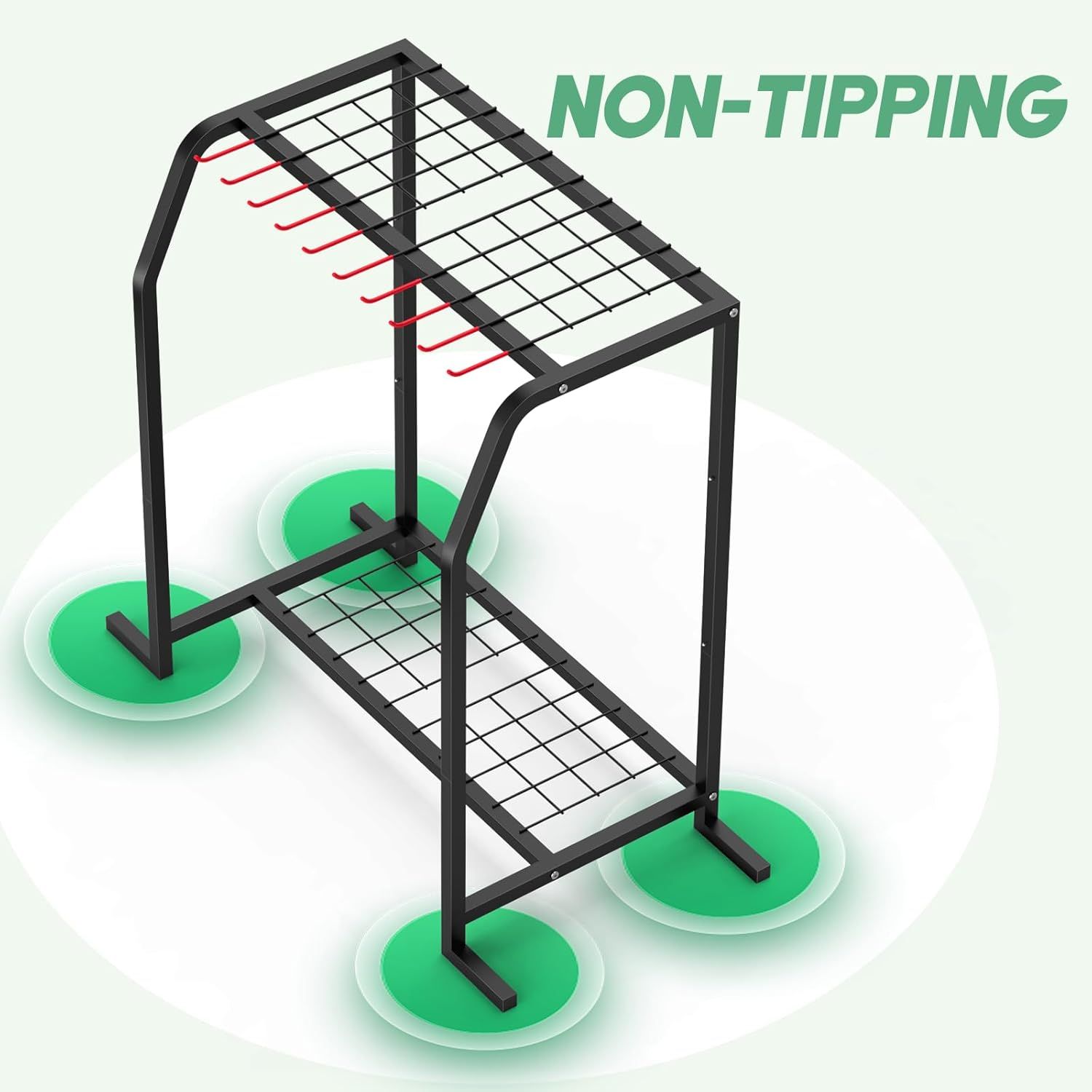 Communicates that the product has a stable, non-tipping design with secure base points to reassure shoppers about safety and prevent accidents.