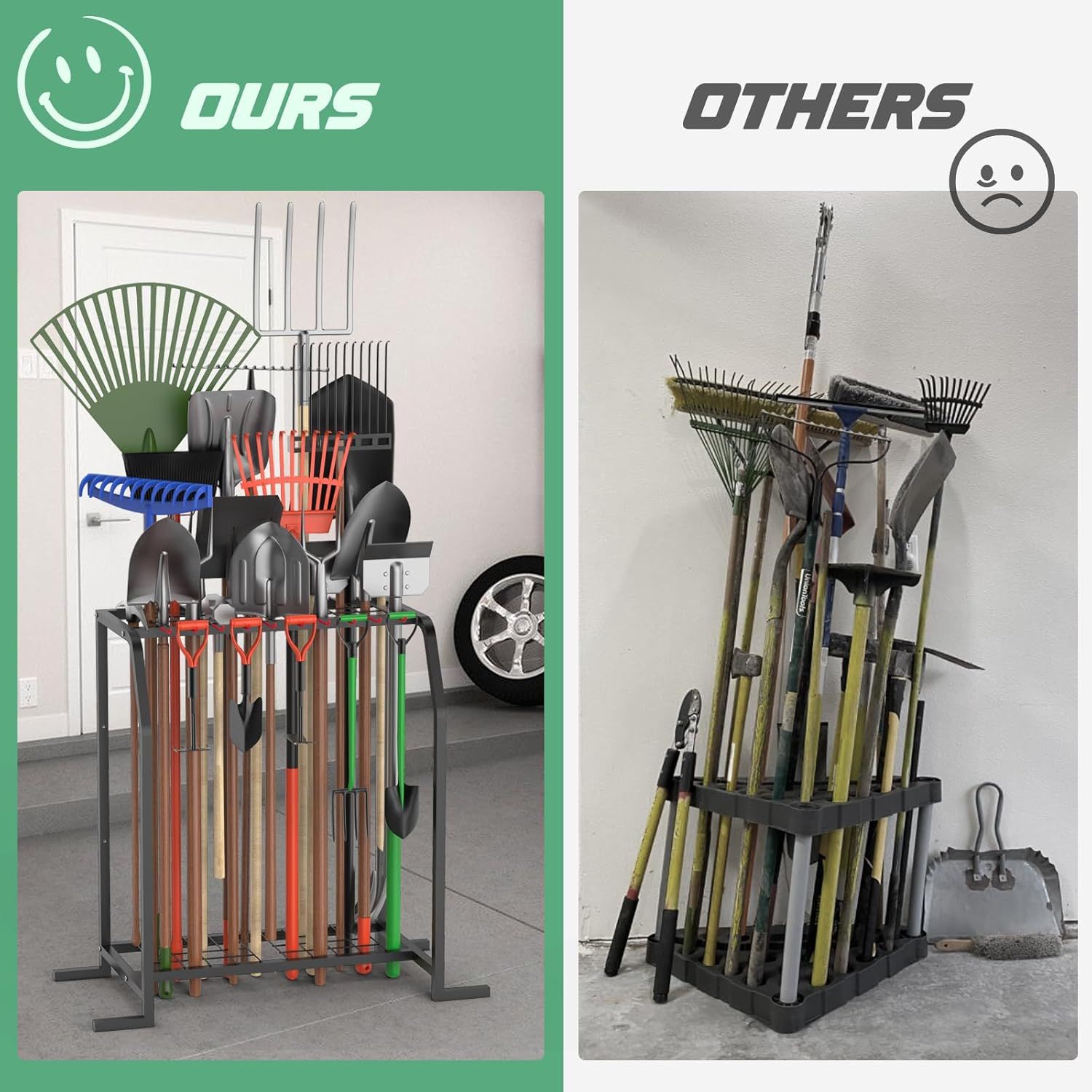 Demonstrates the product's superior organization and storage capacity compared to competitors by showing a clean, well-organized tool rack versus a messy, unstable alternative.