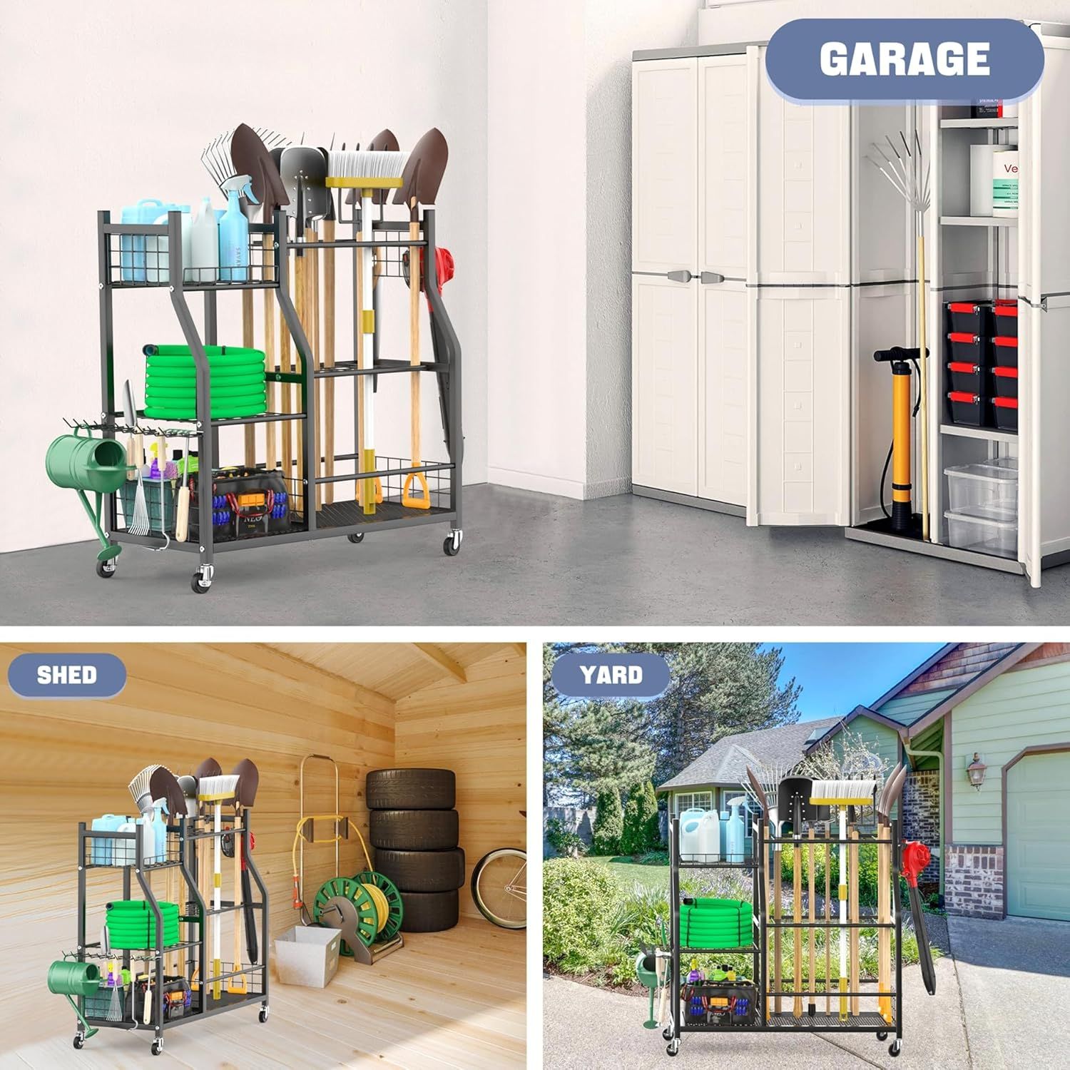 Demonstrates the versatility of the garden tool organizer by showing it can be effectively used in three different storage environments: garage, shed, and outdoor yard settings.