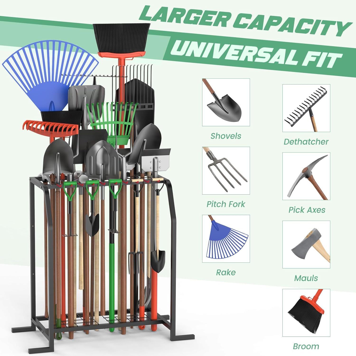 Demonstrates the product's versatility by showing it can hold and organize multiple types of gardening tools including shovels, rakes, pitch forks, dethatcher, pick axes, mauls, and brooms.…