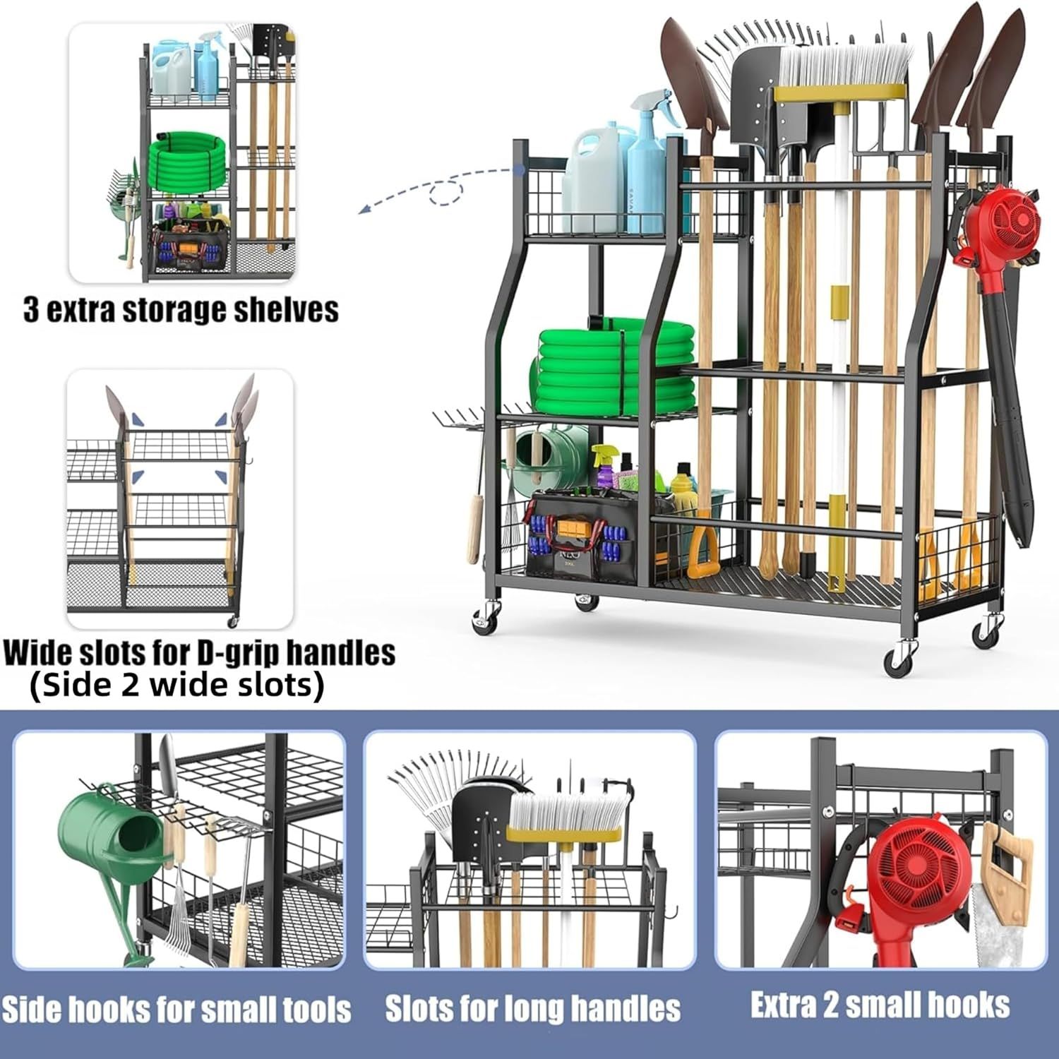 This image breaks down the physical components and storage zones of the garden tool organizer, showing shoppers exactly where different tools and items can be stored to help them understand the…