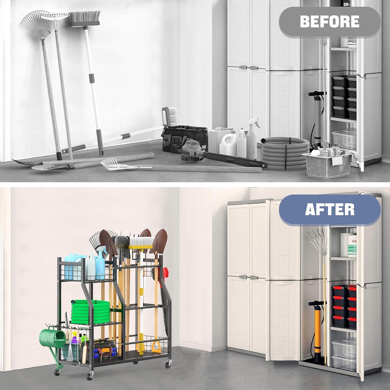 Demonstrates the transformation from a cluttered, disorganized garage space to a clean, organized space using the product's storage system, proving the product's effectiveness at solving storage…