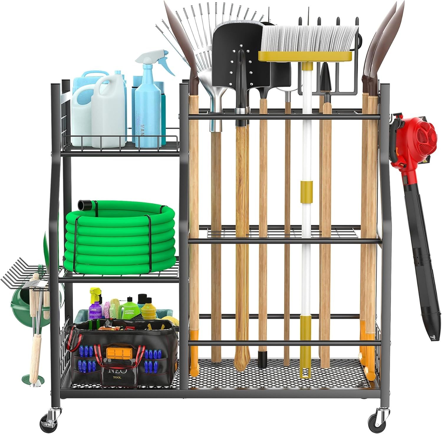 Shows the customer everything included in the storage system—the rack, shelves, and the variety of tools and accessories that can be organized, demonstrating the comprehensive value of the purchase.