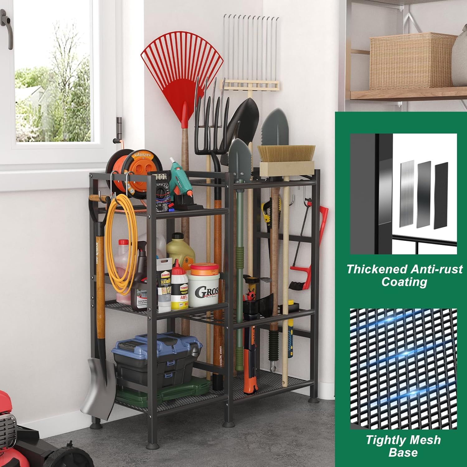 Communicates multiple key product benefits in a segmented layout, highlighting the anti-rust coating and mesh base design to reassure shoppers of durability and functionality.