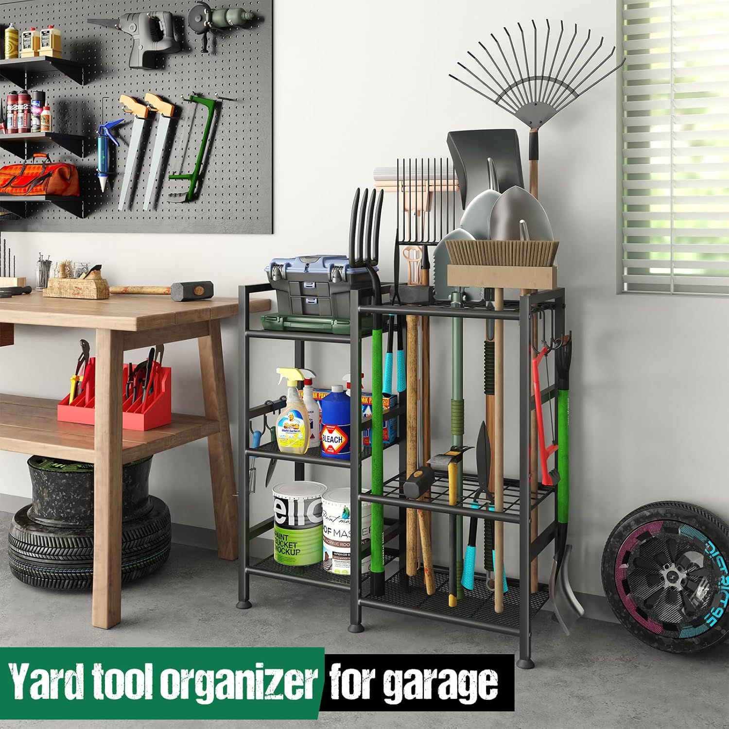 Demonstrates the product's use case as a yard tool organizer in a garage setting, showing how it can store various gardening and outdoor tools efficiently.