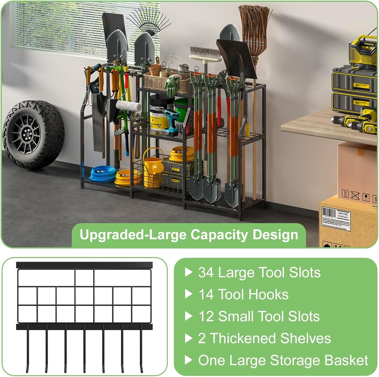 Communicates the product's comprehensive storage capacity and organizational features through multiple distinct callouts, showing shoppers how many tools and items can be stored in various…