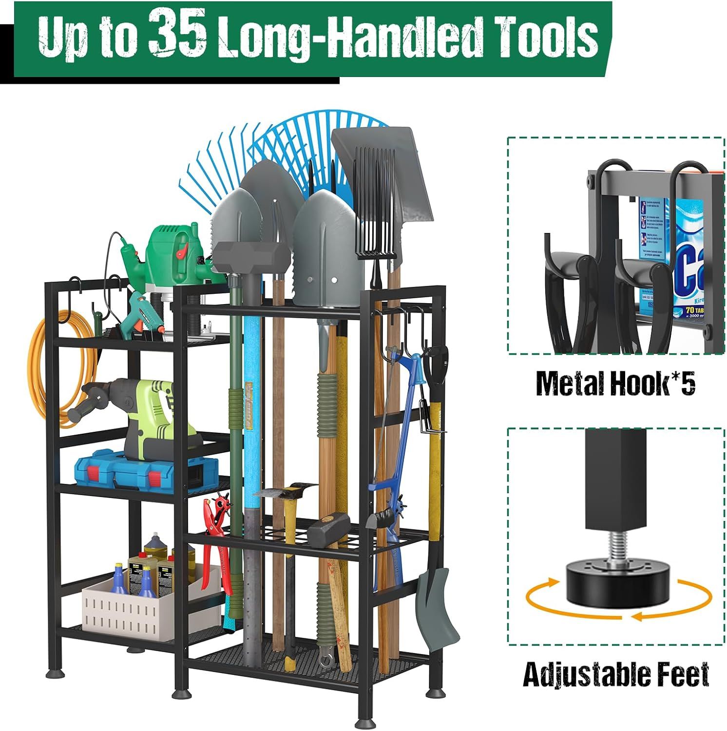 Communicates multiple distinct benefits of the tool storage rack: its large capacity (up to 35 long-handled tools), the included metal hooks for hanging items, and adjustable feet for stability on…