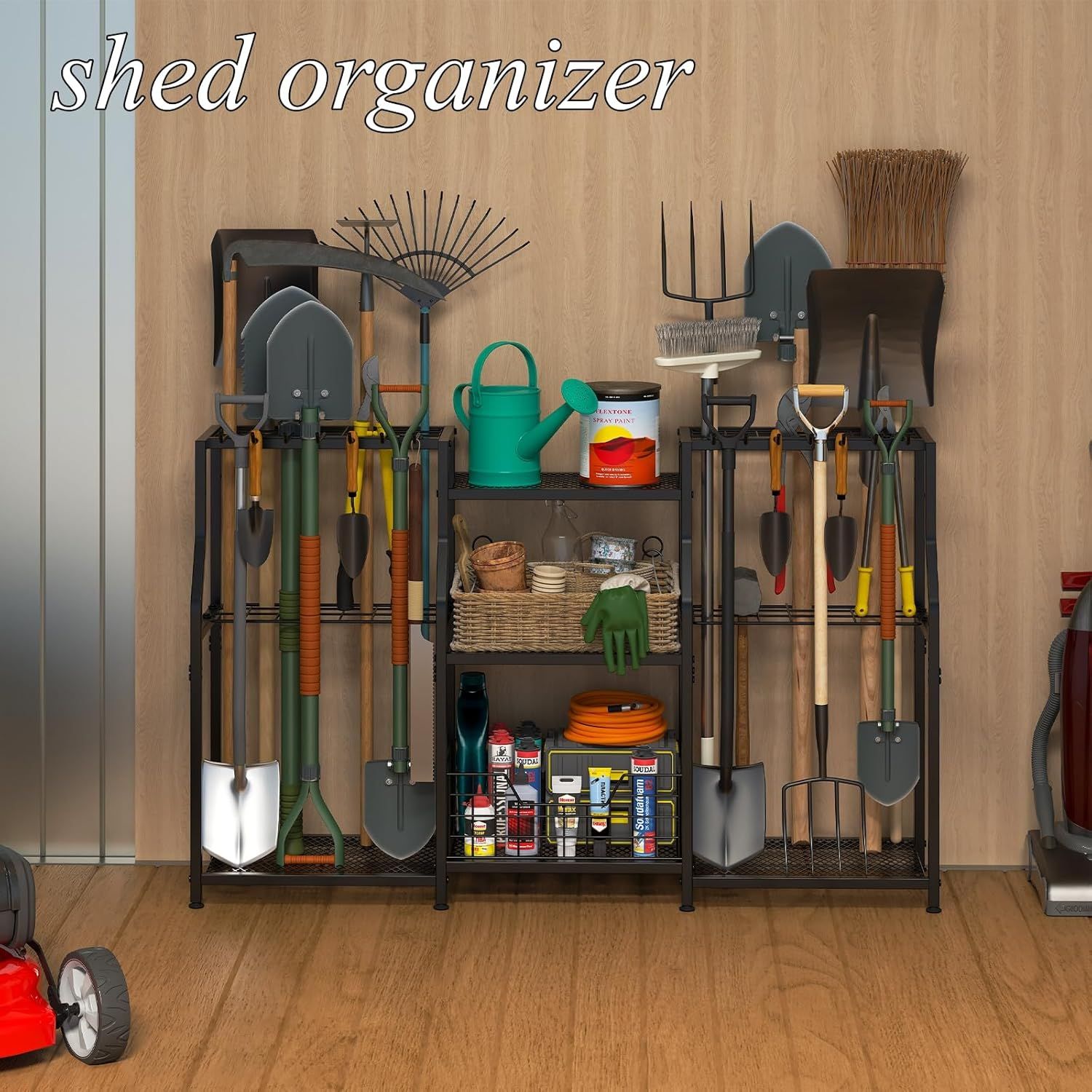 Demonstrates the product in a real-world shed or garage setting, showing how it neatly organizes various gardening and yard tools to help shoppers visualize its practical use in their own space.