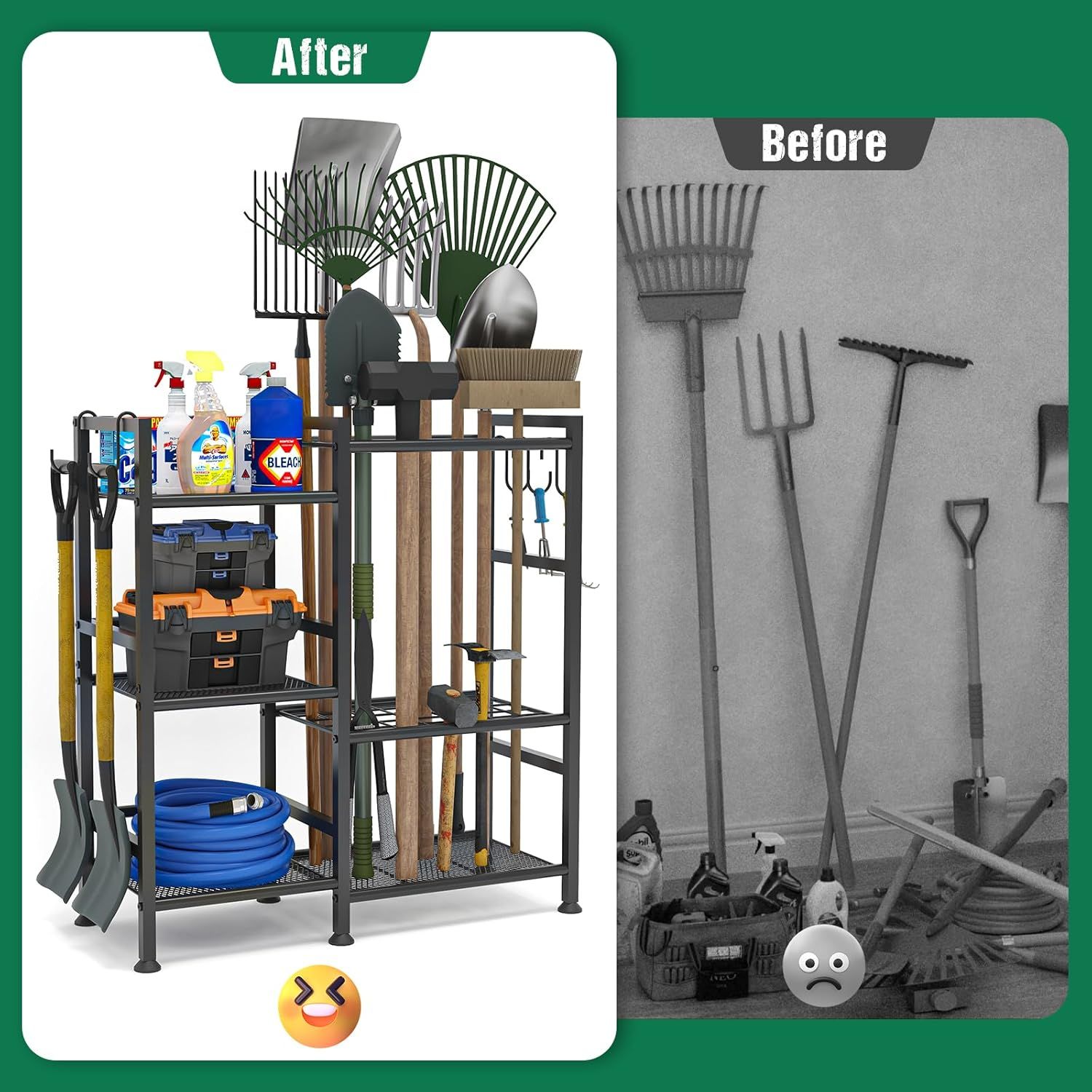 Demonstrates the transformative organizational power of the product by showing a cluttered, messy garage setup before and a clean, organized storage system after, proving the product's effectiveness…