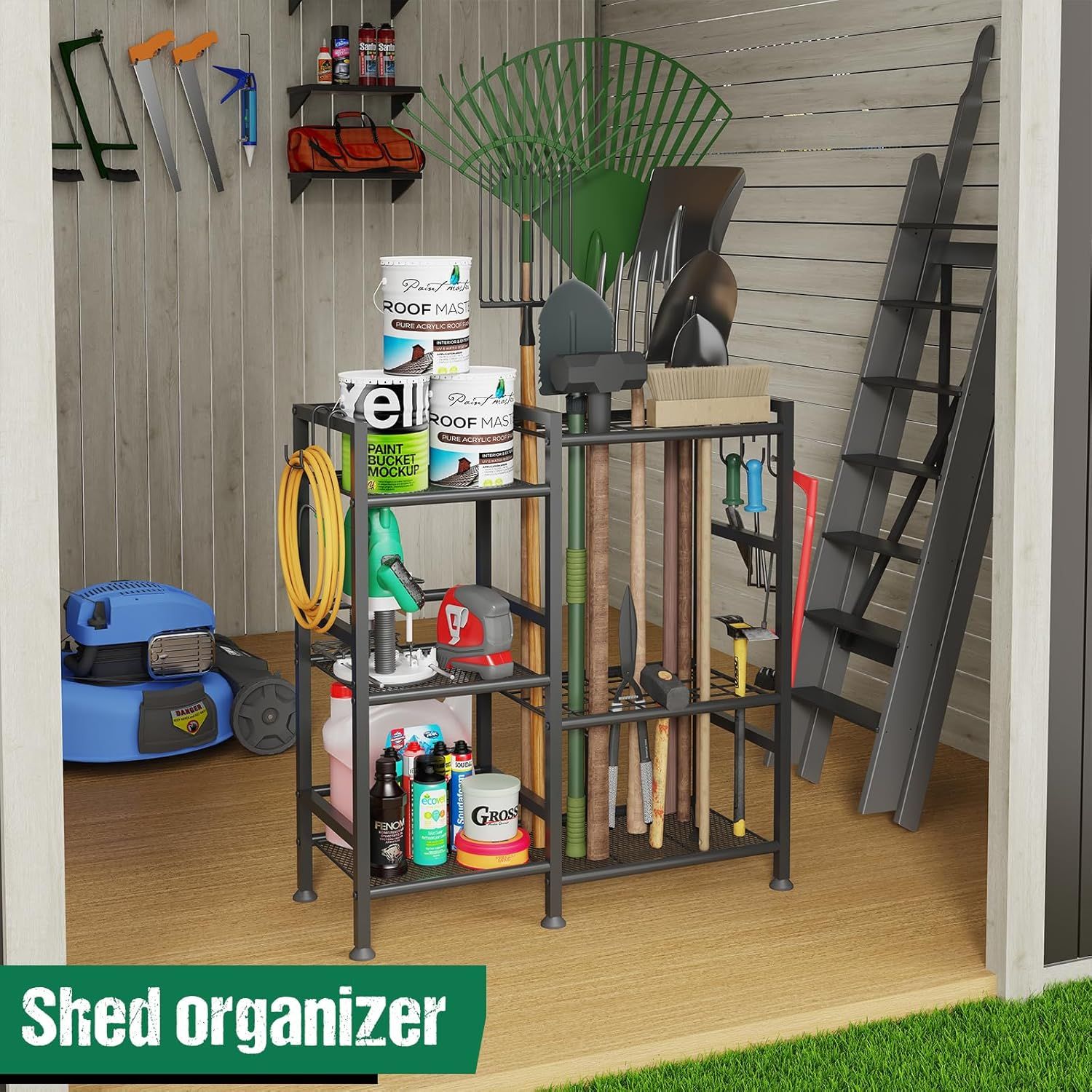 Demonstrates how the shed organizer can be used to store and organize various tools, equipment, and supplies in a garage or shed environment, showing its versatility and storage capacity.