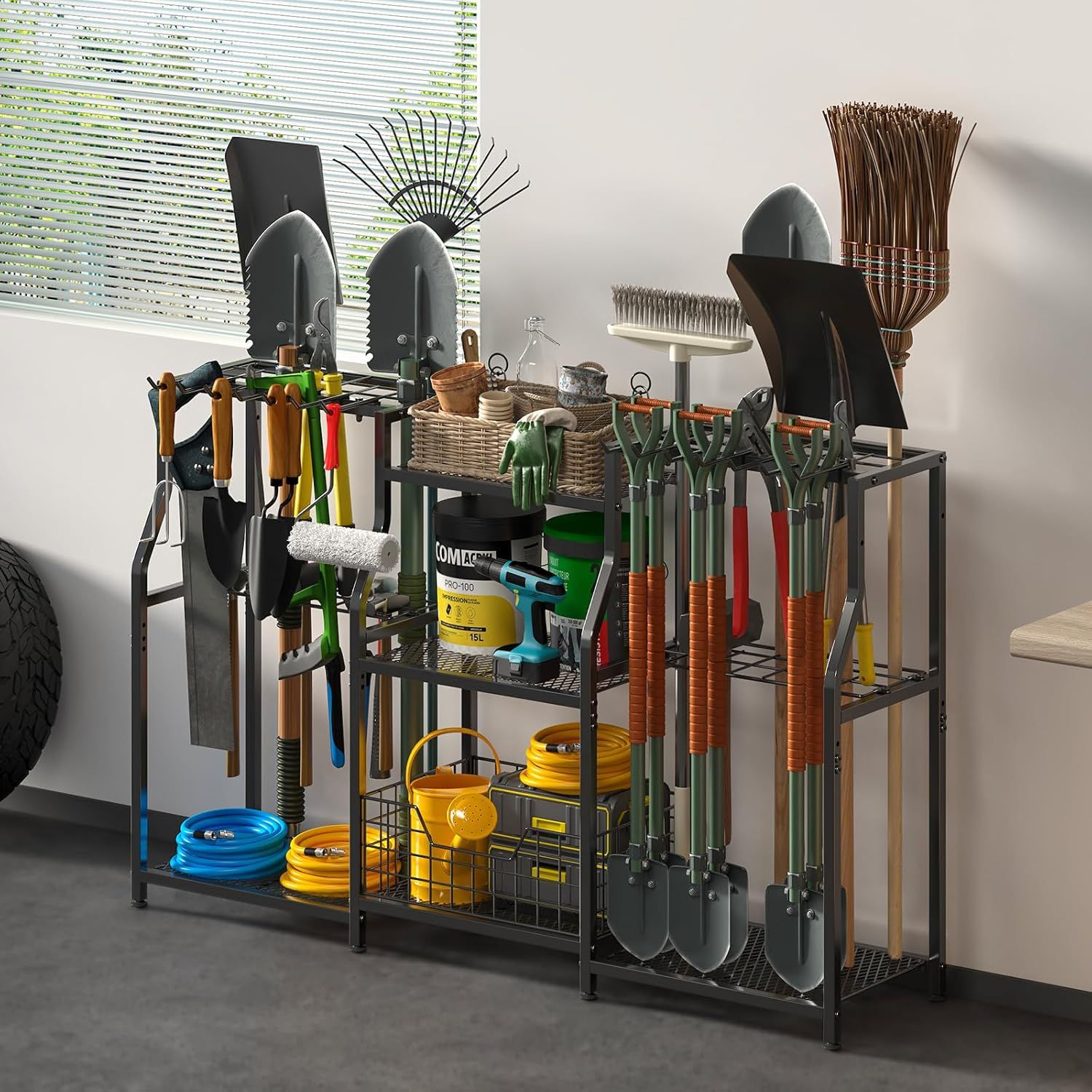 Demonstrates the product in a real-world garage or utility room setting, showing how it organizes and stores various gardening and yard tools in an attractive, functional way.