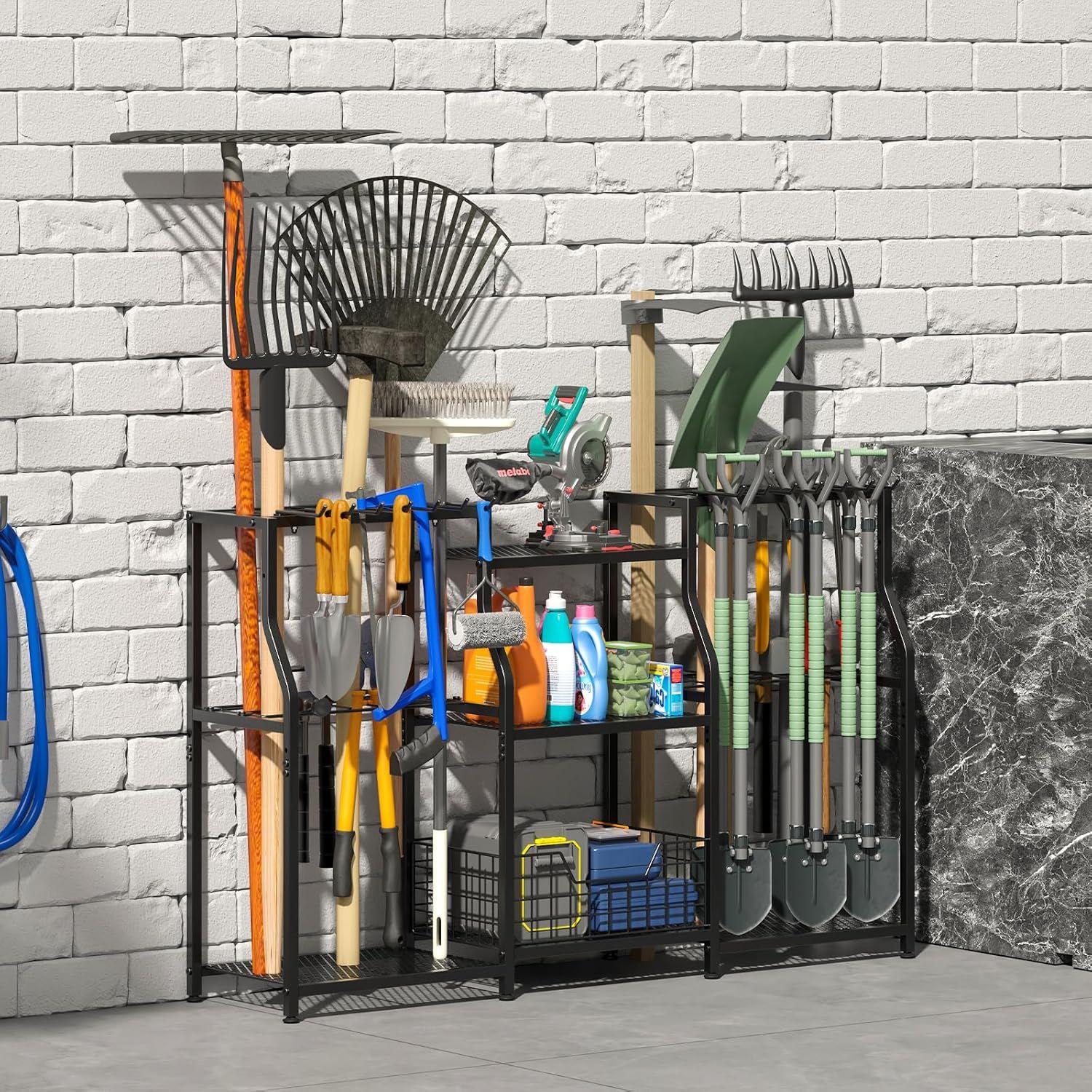 Shows all the garden tools and accessories that can be organized with this storage rack system, demonstrating the comprehensive storage solution and capacity for various gardening equipment.