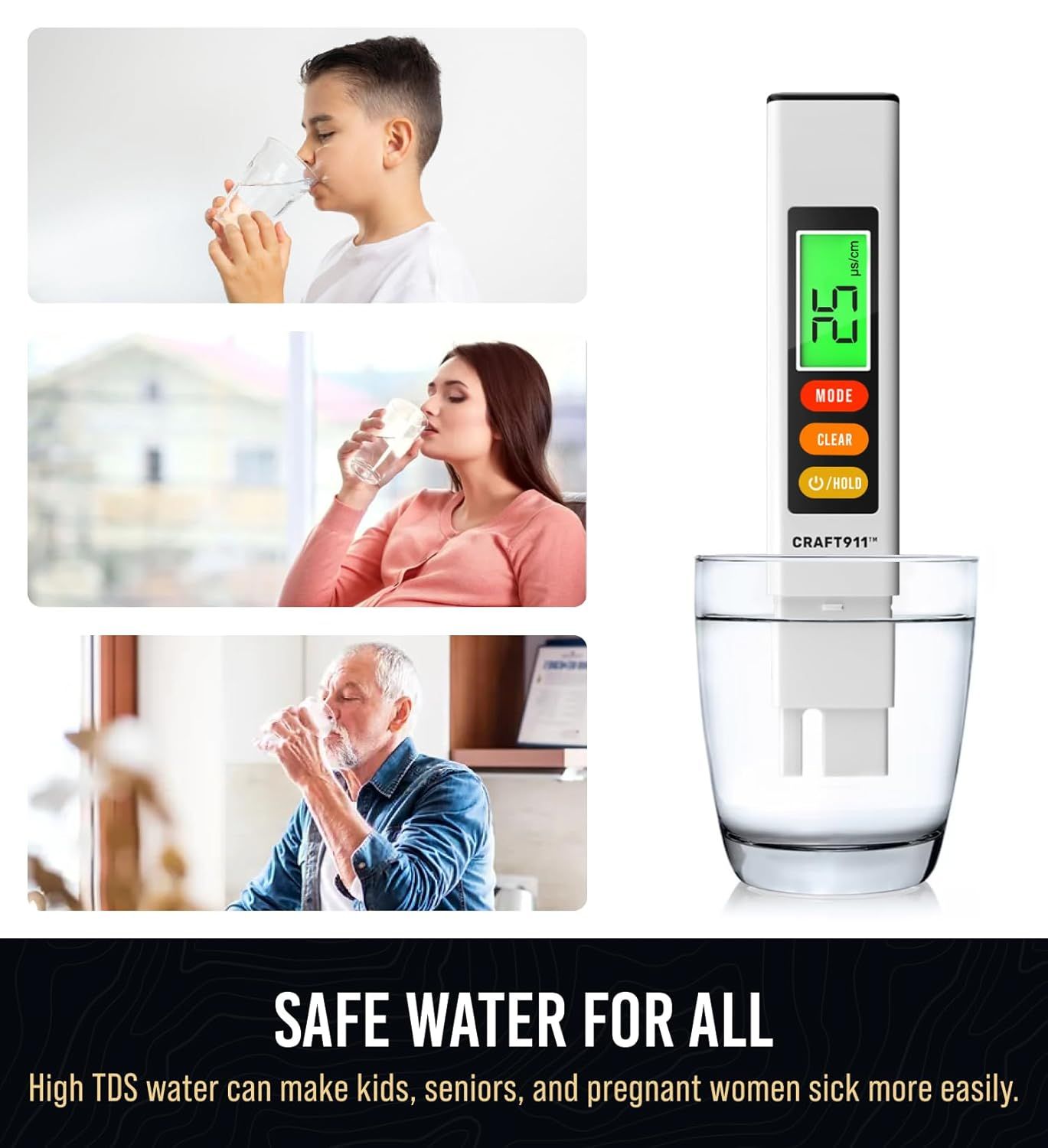 Demonstrates that the water filter provides safe drinking water for vulnerable populations including children, seniors, and pregnant women, reassuring shoppers about its health benefits for the…