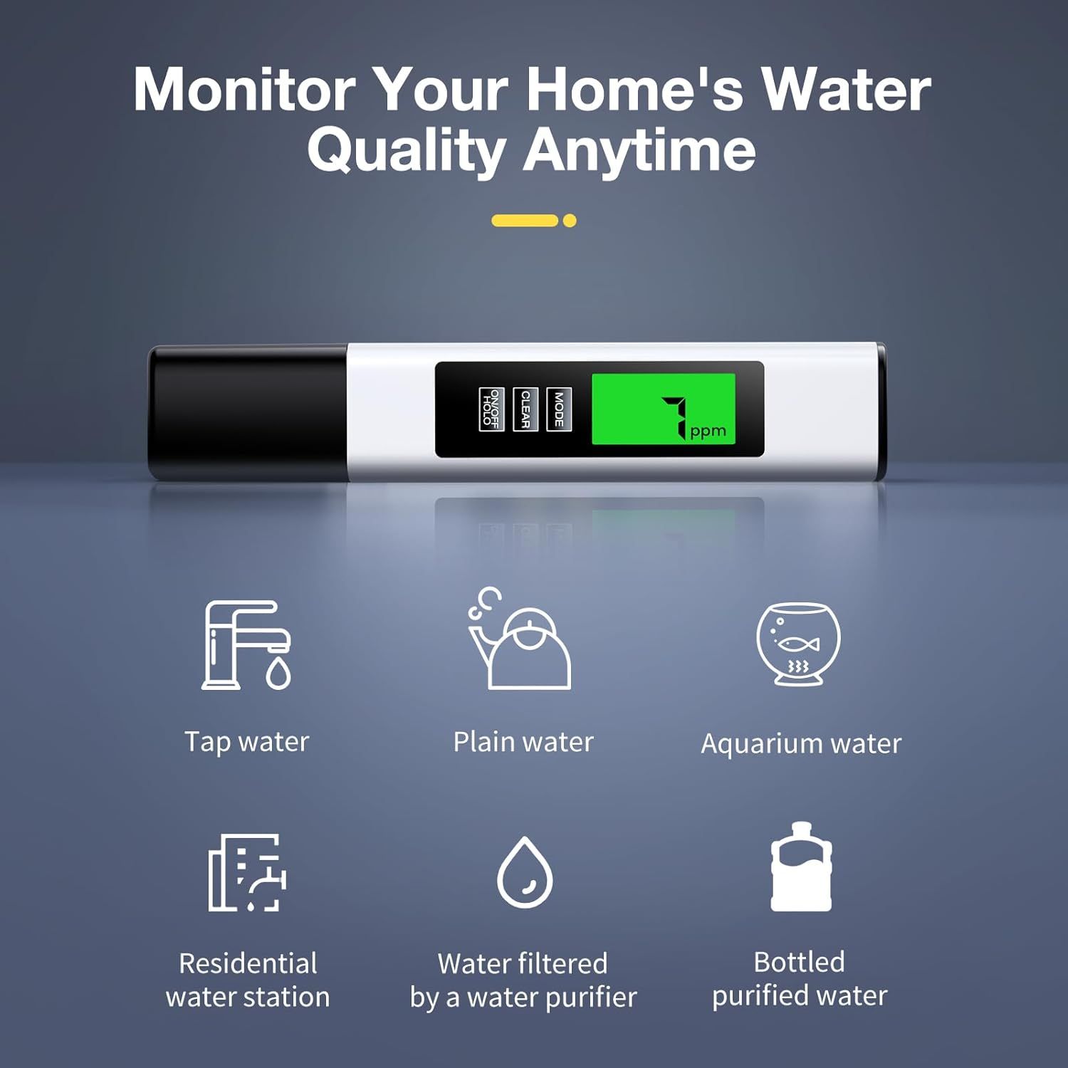 Demonstrates the versatility of the water quality monitor by showing it can be used across six different water sources and environments, from tap water to aquariums to bottled water.